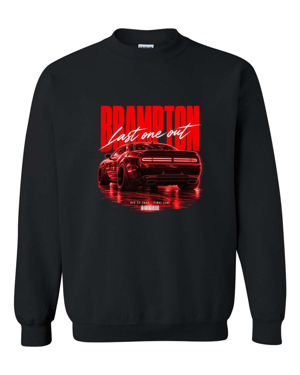 Street poster print of a 2023 Dodge Challenger Widebody with Brampton last one out Dec 22 2023 text black crewneck front view with the design