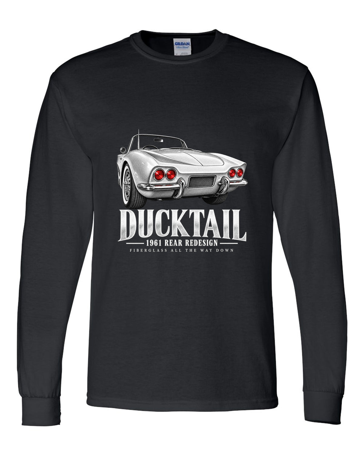 Chevrolet Corvette C1 1961 rear ducktail detail print black long sleeve front view with the design