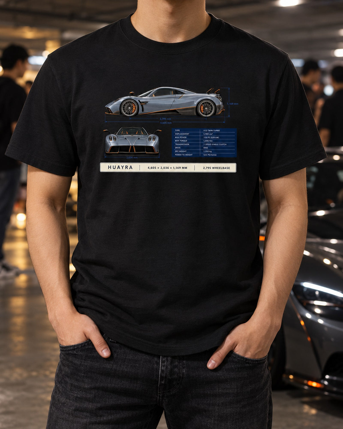 Pagani Huayra Coupe Dimension Blueprint Shirt, Car Guy Gift T-Shirt Black worn hero