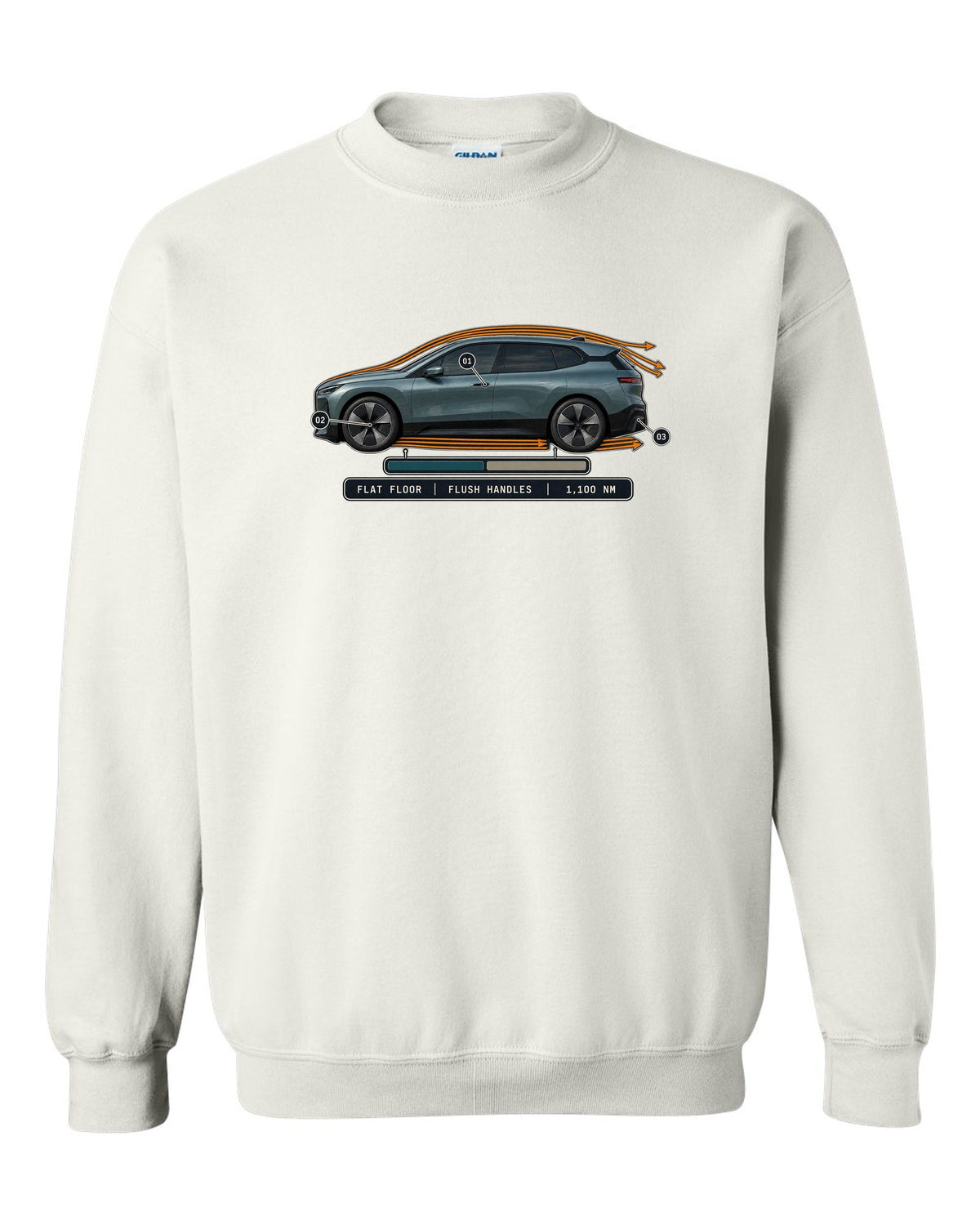 Aero cutaway callout print of the BMW iX M60 I20 with flush handles and flat floor white crewneck front view with the design