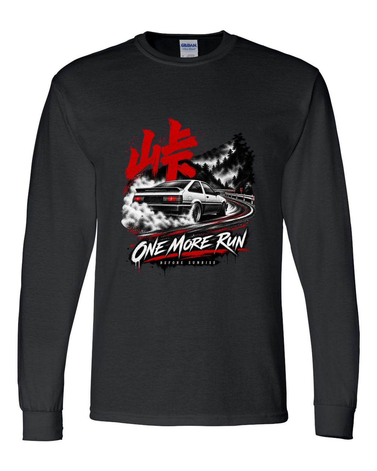 print of a Toyota AE86 Corolla Levin on a night touge road with kanji black long sleeve front view with the design