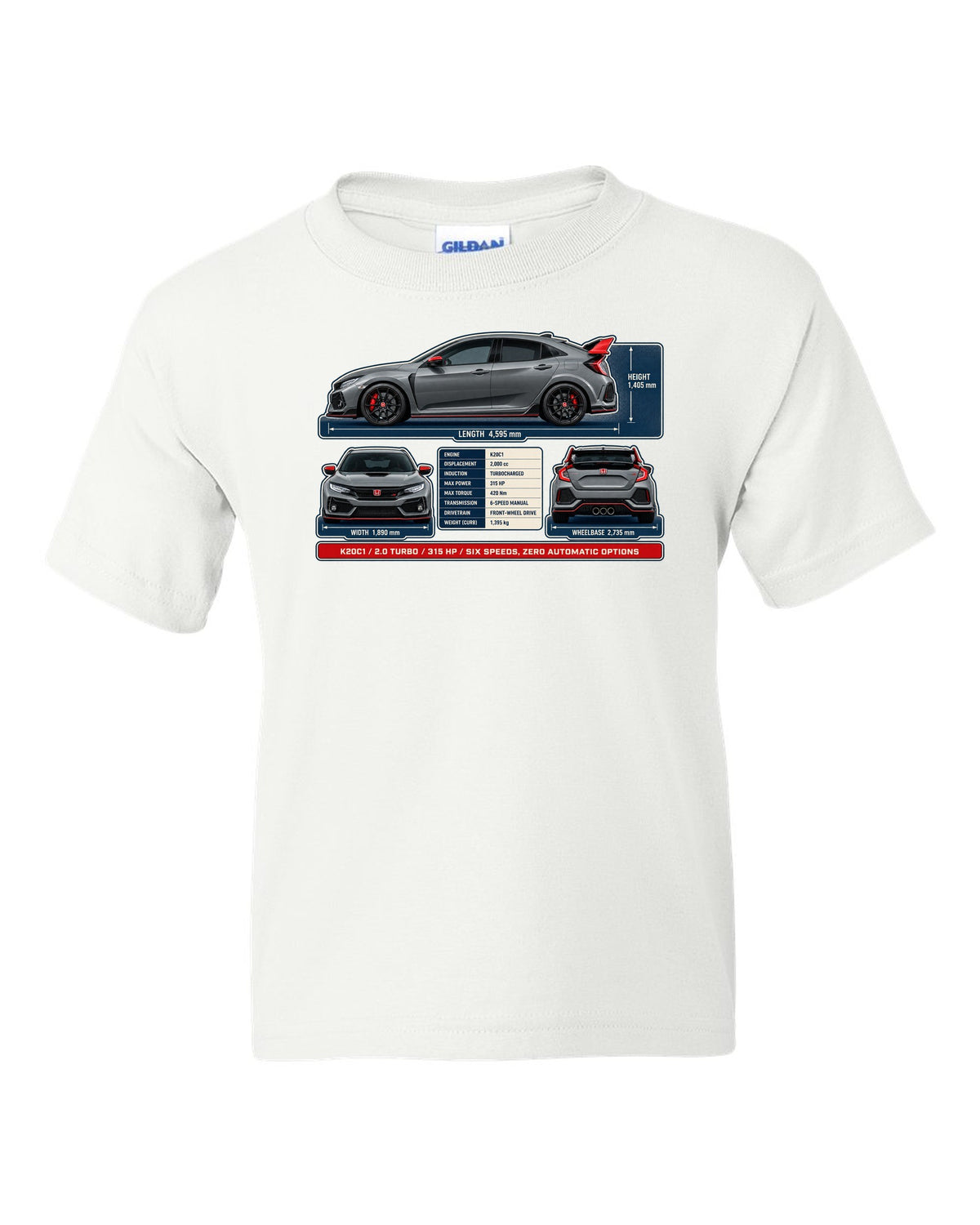 print dimension blueprint of a Honda Civic Type R FL5 in warm grey white kids tee front view with the design