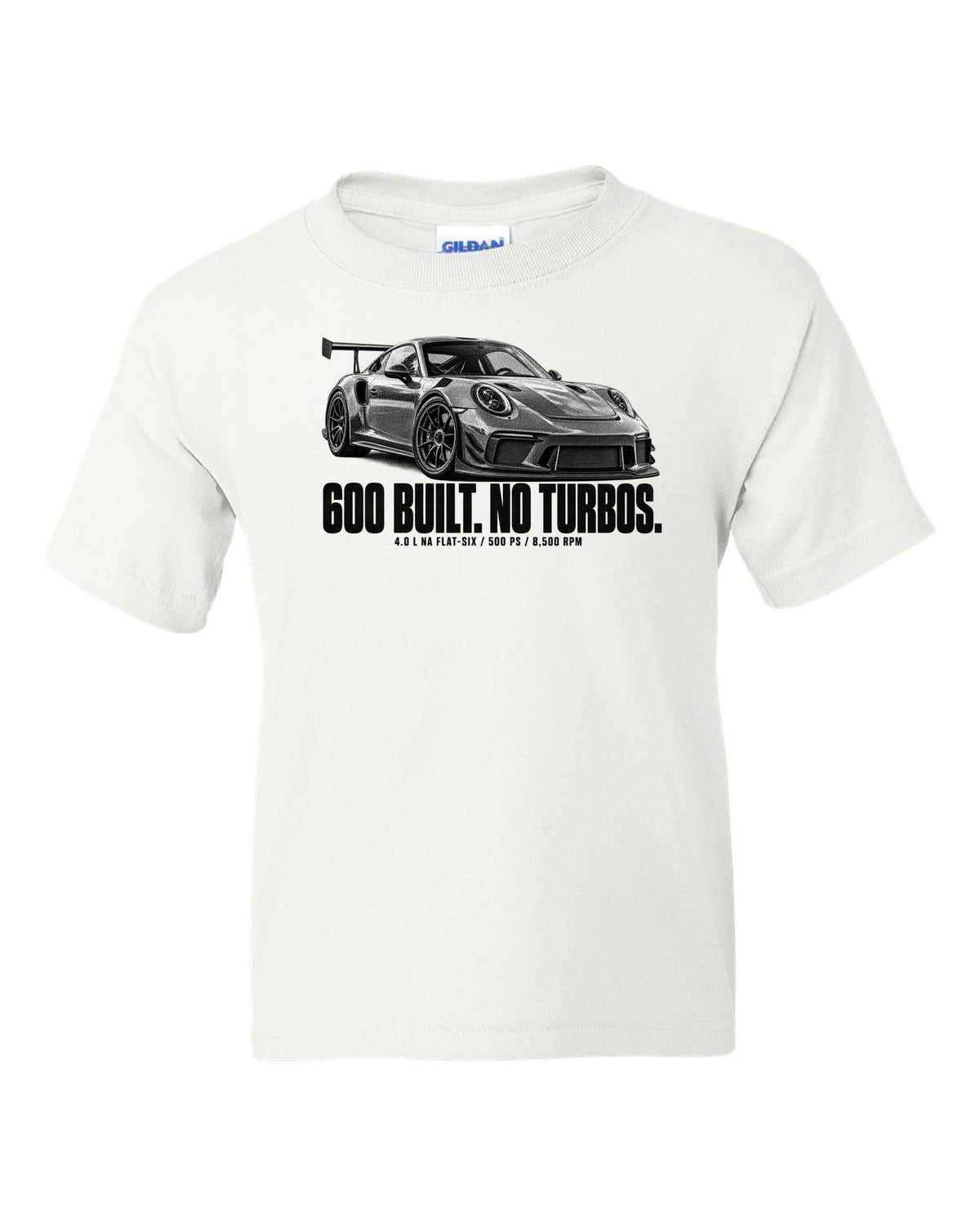 Halftone print of a Porsche 911 997 GT3 RS 4.0 with 600 built and 8,500 rpm lettering white kids tee front view with the design