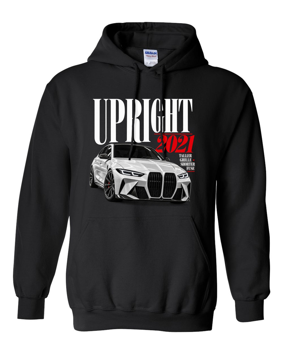 BMW G80 M3 editorial print with upright 2021 headline and grille tagline black pull over hoodie front view with the design