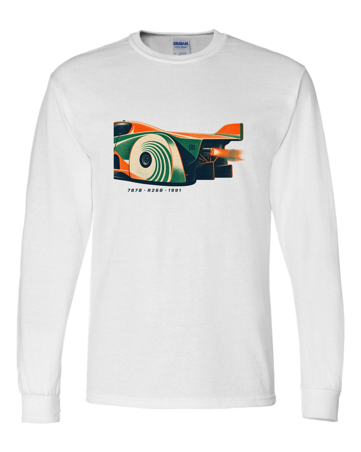 Risograph print of a Mazda 787B wheel and exhaust with R26B and 1991 text white long sleeve front view with the design