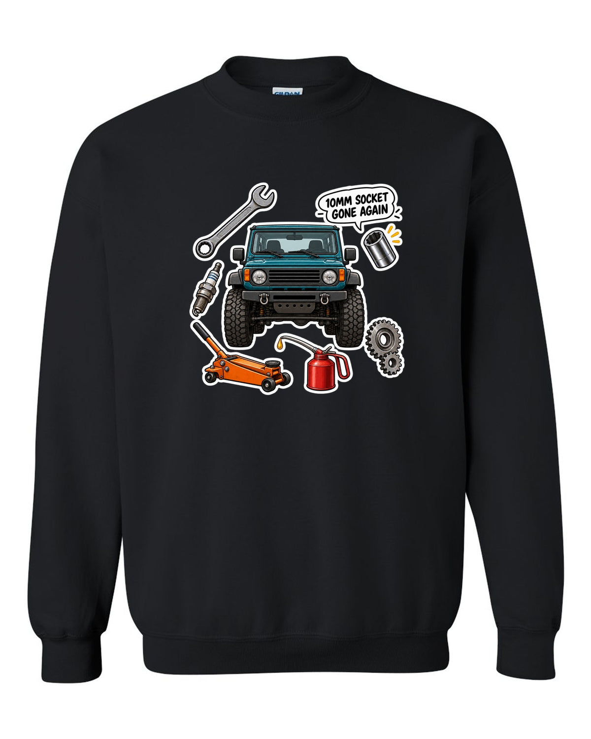 Jeep Wrangler TJ sticker bomb collage design with 10mm socket gone again text black crewneck front view with the design