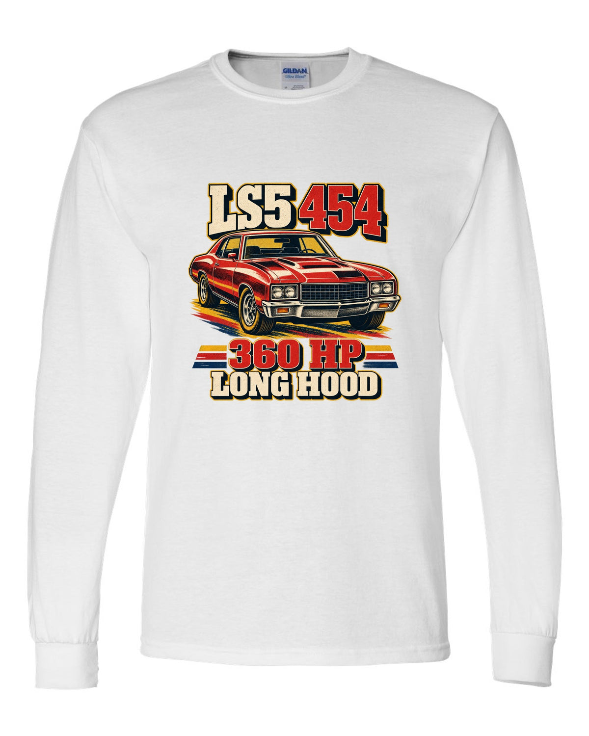 Vintage race poster print of a 1970 Chevrolet Monte Carlo SS 454 with the text LS5 454, 360 HP, Long Hood white long sleeve front view with the design