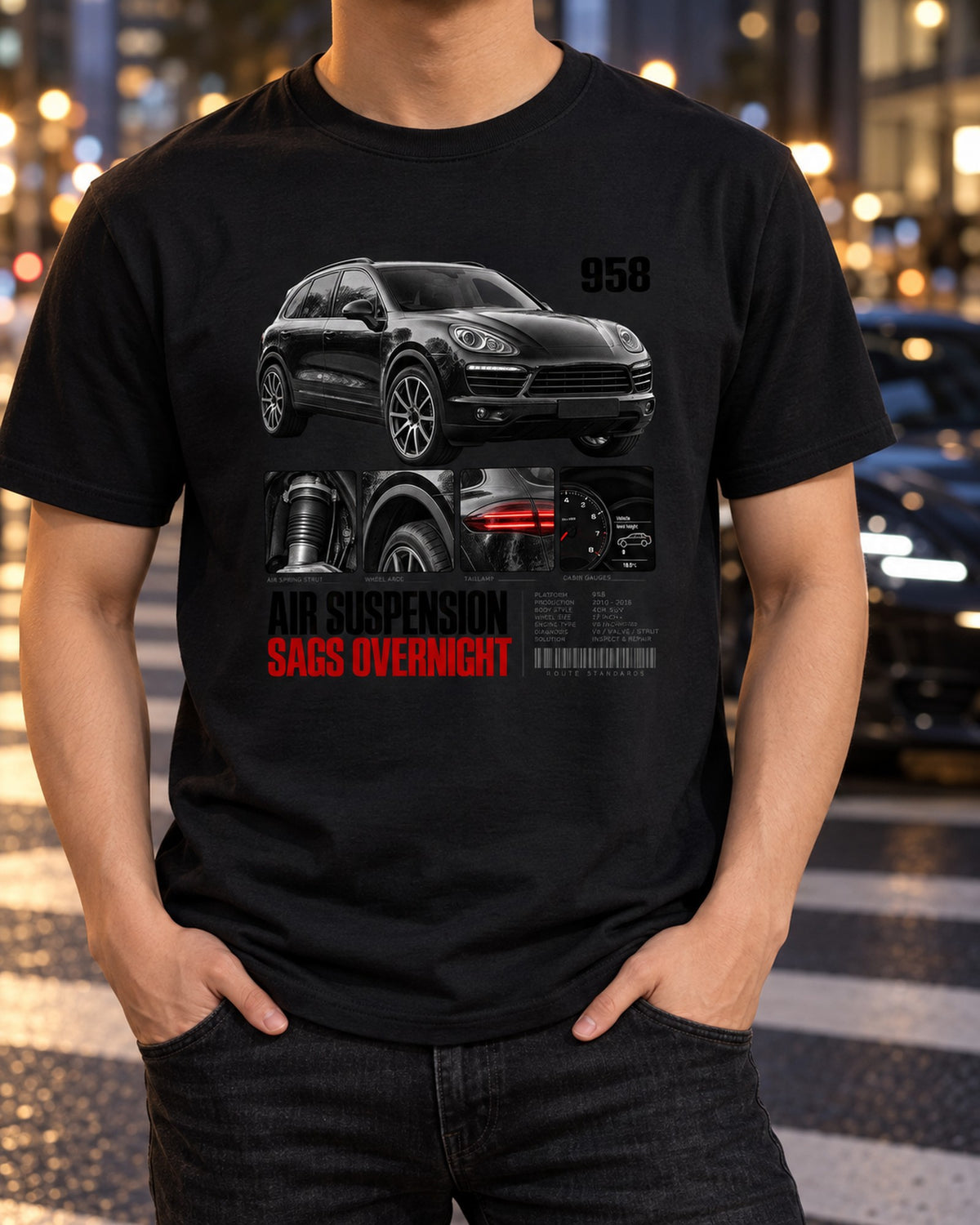 Porsche Cayenne 958 Air Suspension Dossier Shirt, Sags Overnight T-Shirt Black worn hero