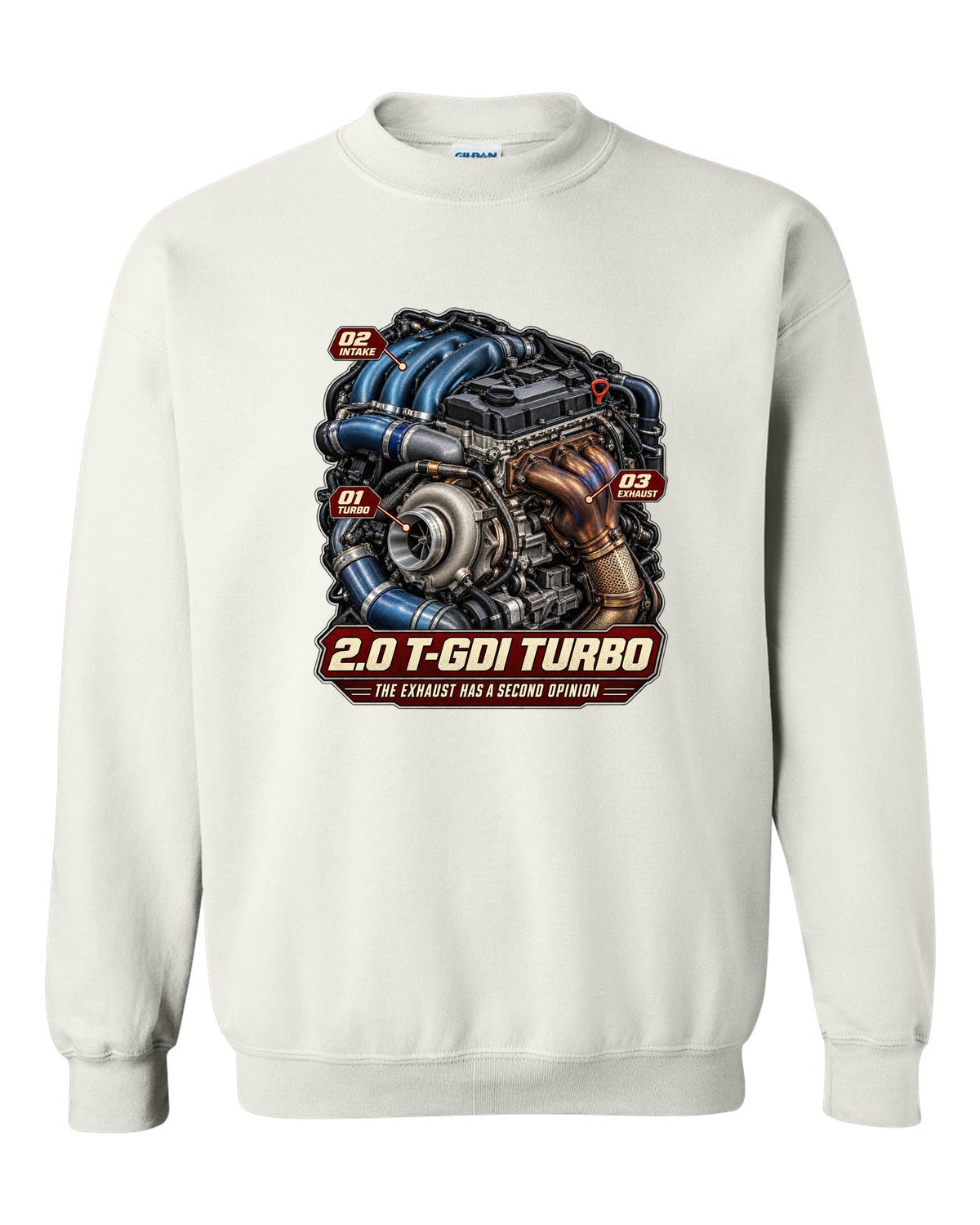 Hyundai Elantra N 2.0 T-GDI turbo engine illustration, print white crewneck front view with the design