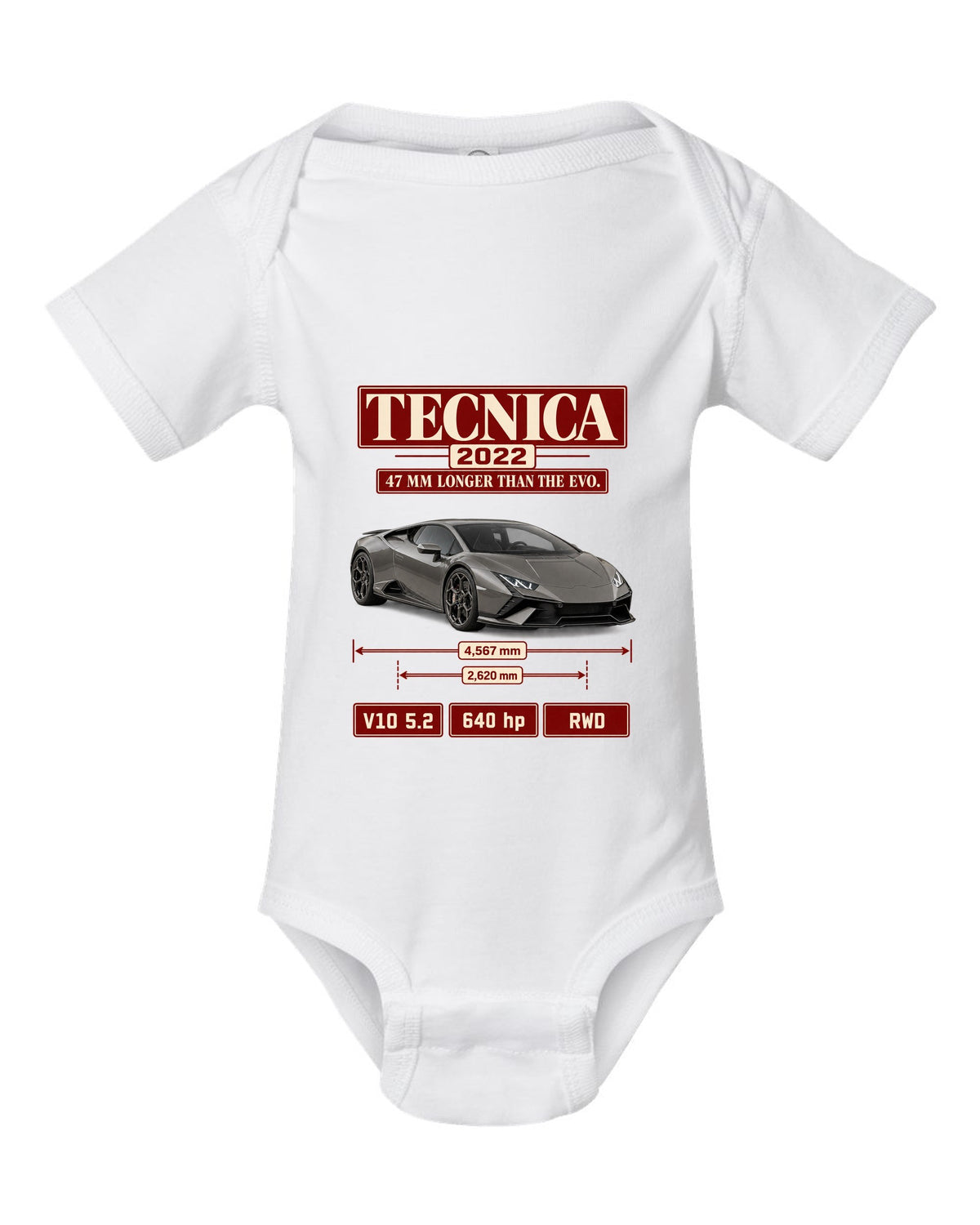 Archive panel print of the Lamborghini Huracan Tecnica white baby onesie front view with the design