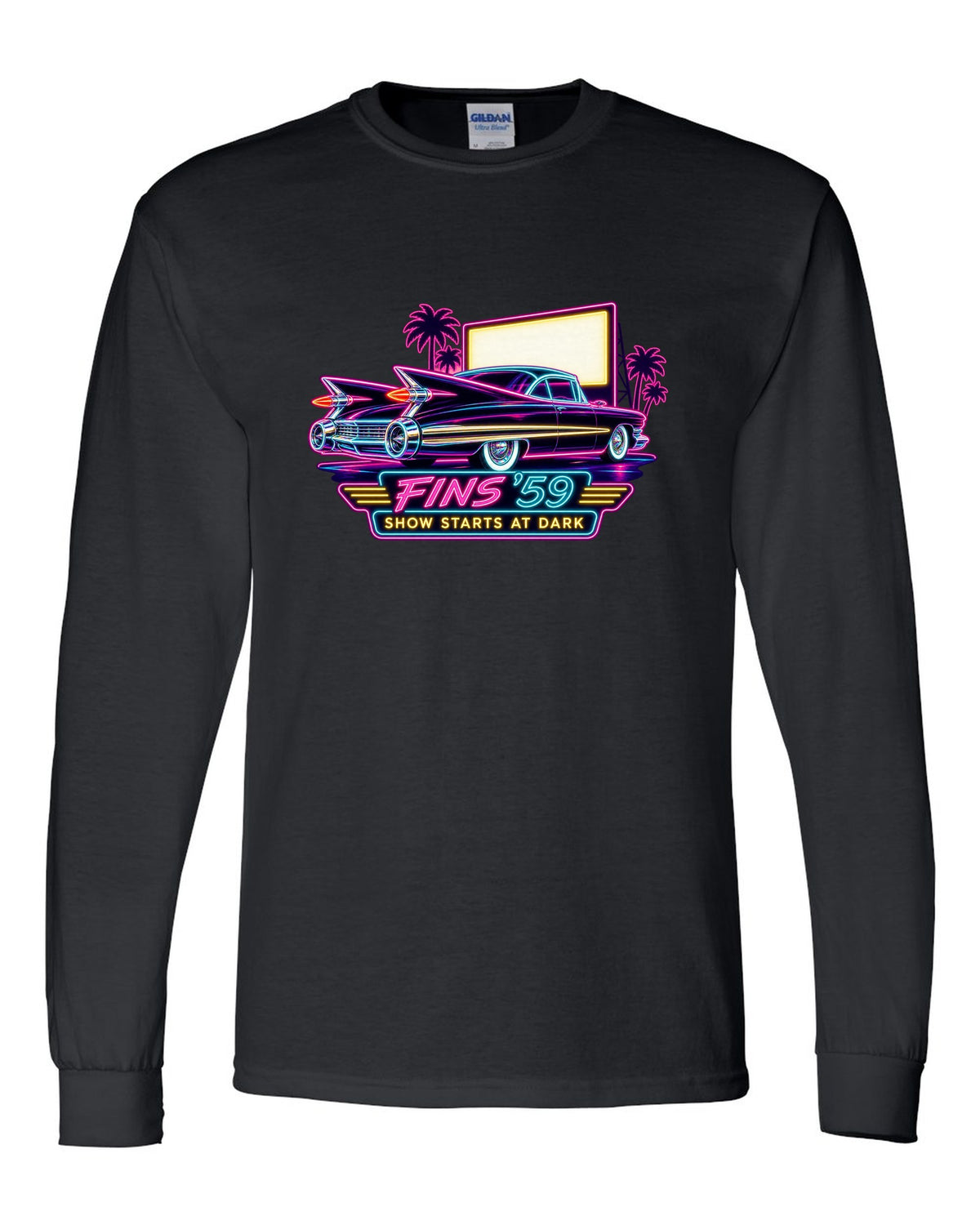 1959 Cadillac Coupe de Ville under neon sign glow at a night drive-in black long sleeve front view with the design