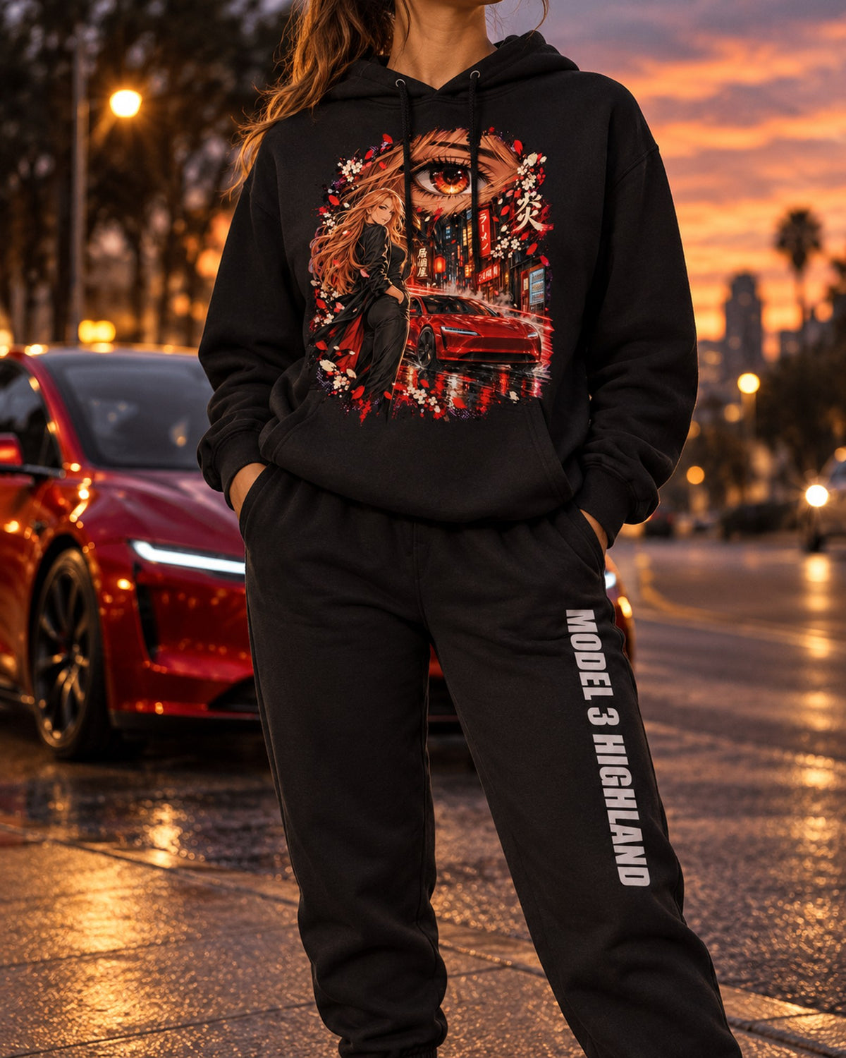 Tesla Model 3 Highland Anime Girl Hoodie + Jogger Set Black worn hero