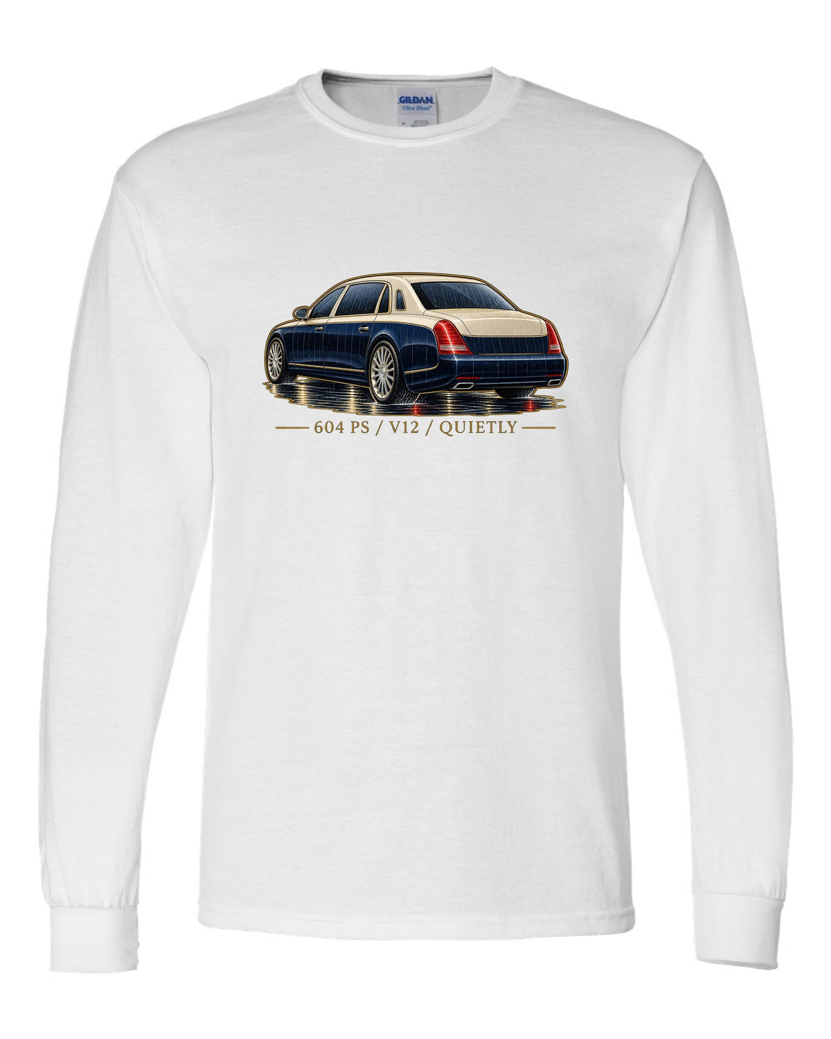 Single-line contour drawing of a Maybach 57 S W240 in rain with 604 PS V12 Quietly text white long sleeve front view with the design