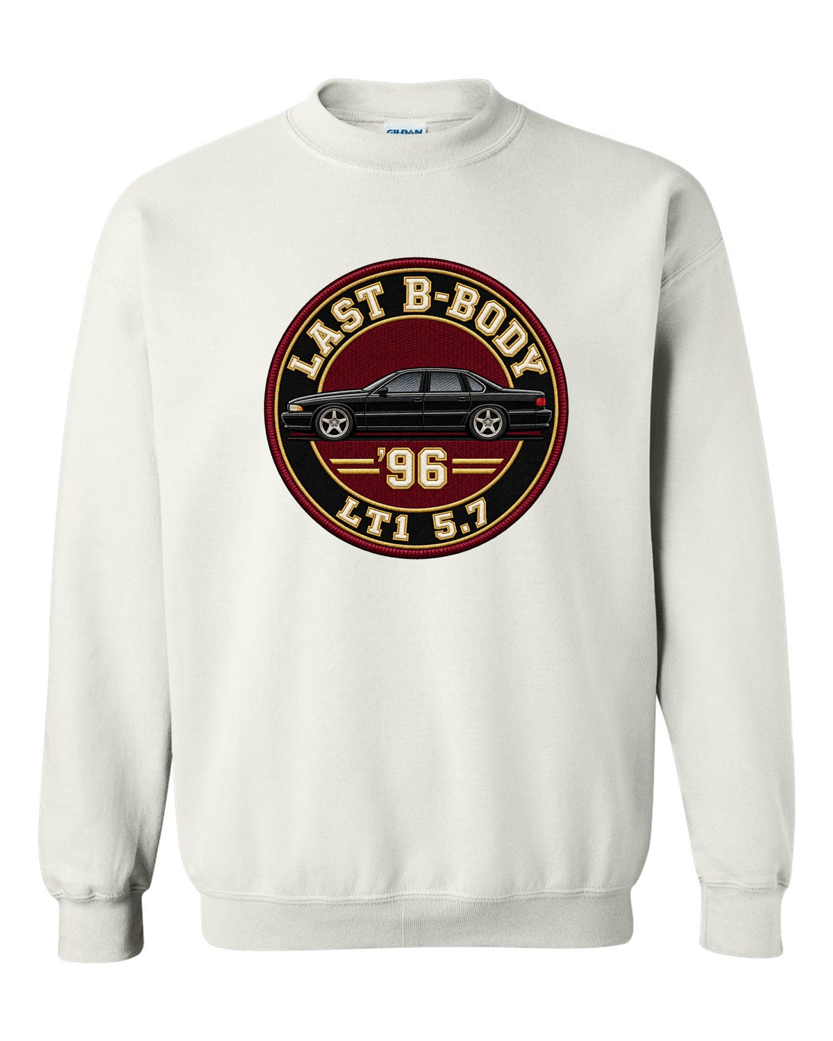Varsity crest print for the 1996 Chevrolet Impala SS reading Last B-Body, '96, LT1 5.7 white crewneck front view with the design