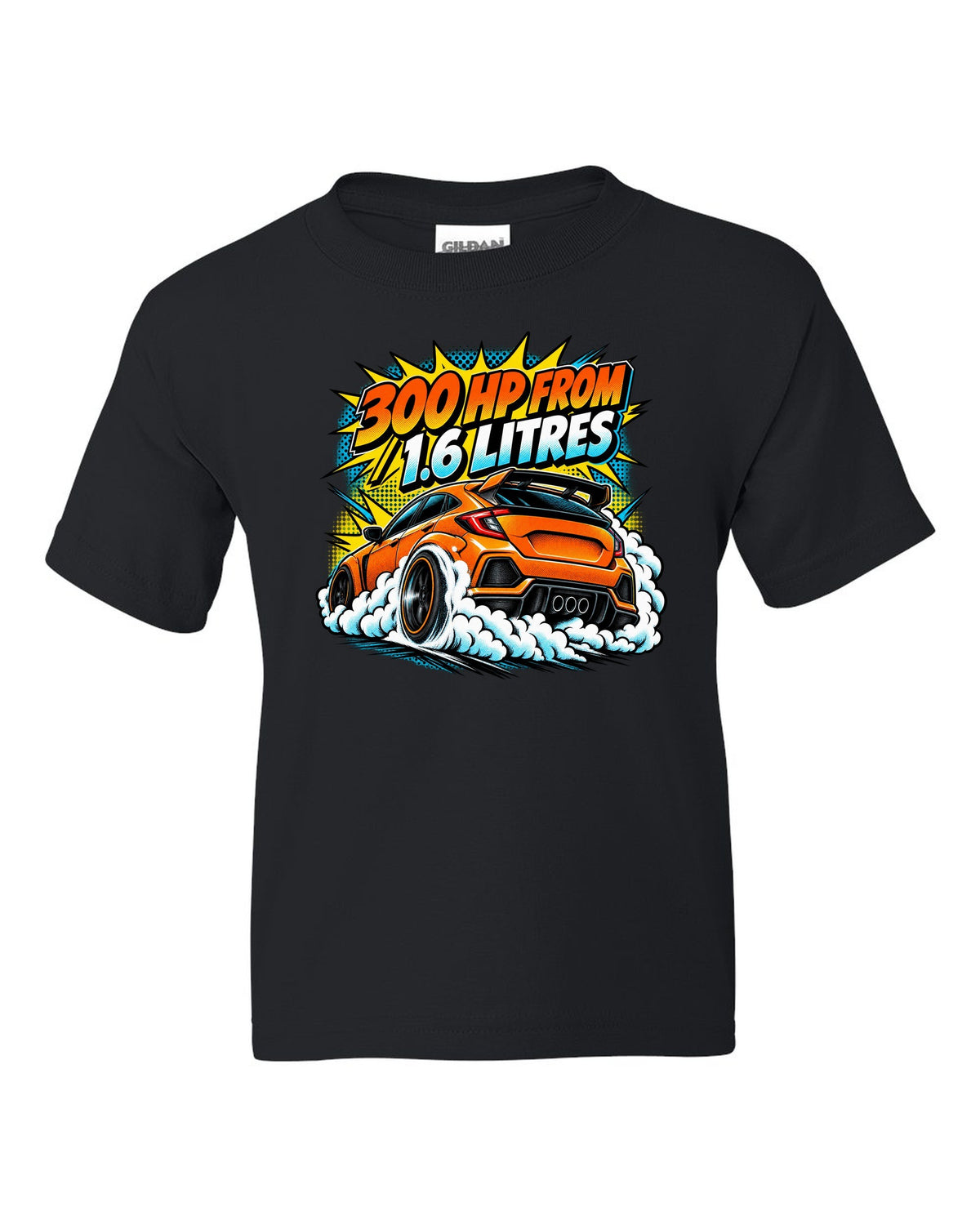 Comic halftone pop-art of a Toyota GR Corolla doing a burnout with 300 HP from 1.6 litres lettering black kids tee front view with the design