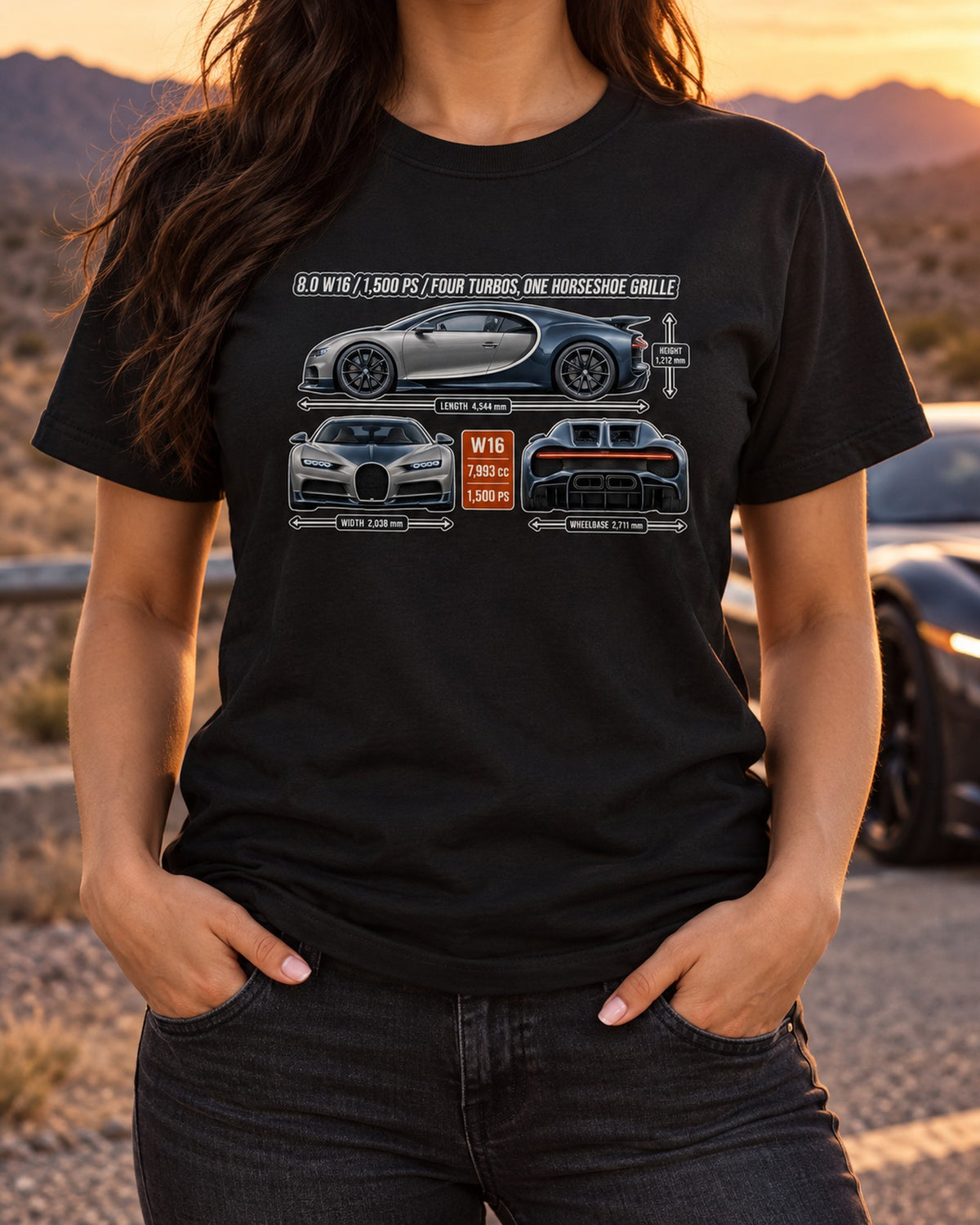 Bugatti Chiron Three-View print Shirt, W16 Hypercar Tee T-Shirt Black worn hero