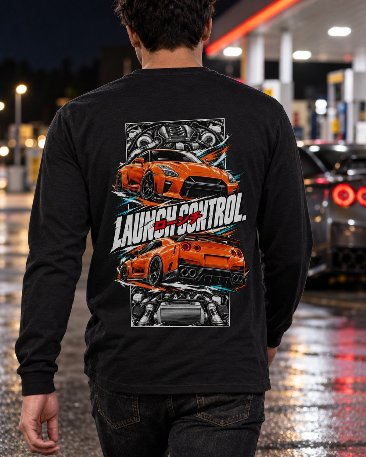 Nissan GT-R R35 Torn Poster Full-Back Graphic Tee Long Sleeve Black worn hero