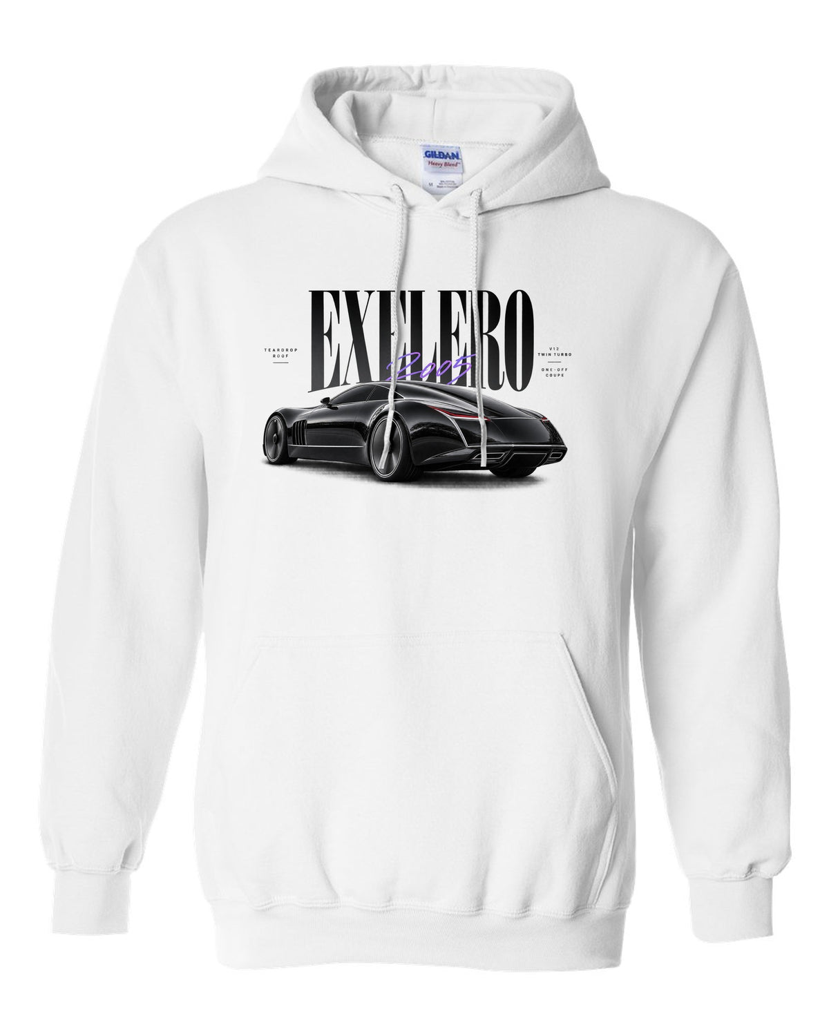 Editorial print of the Maybach Exelero one-off with Exelero 2005 Teardrop Roof lettering white pull over hoodie front view with the design