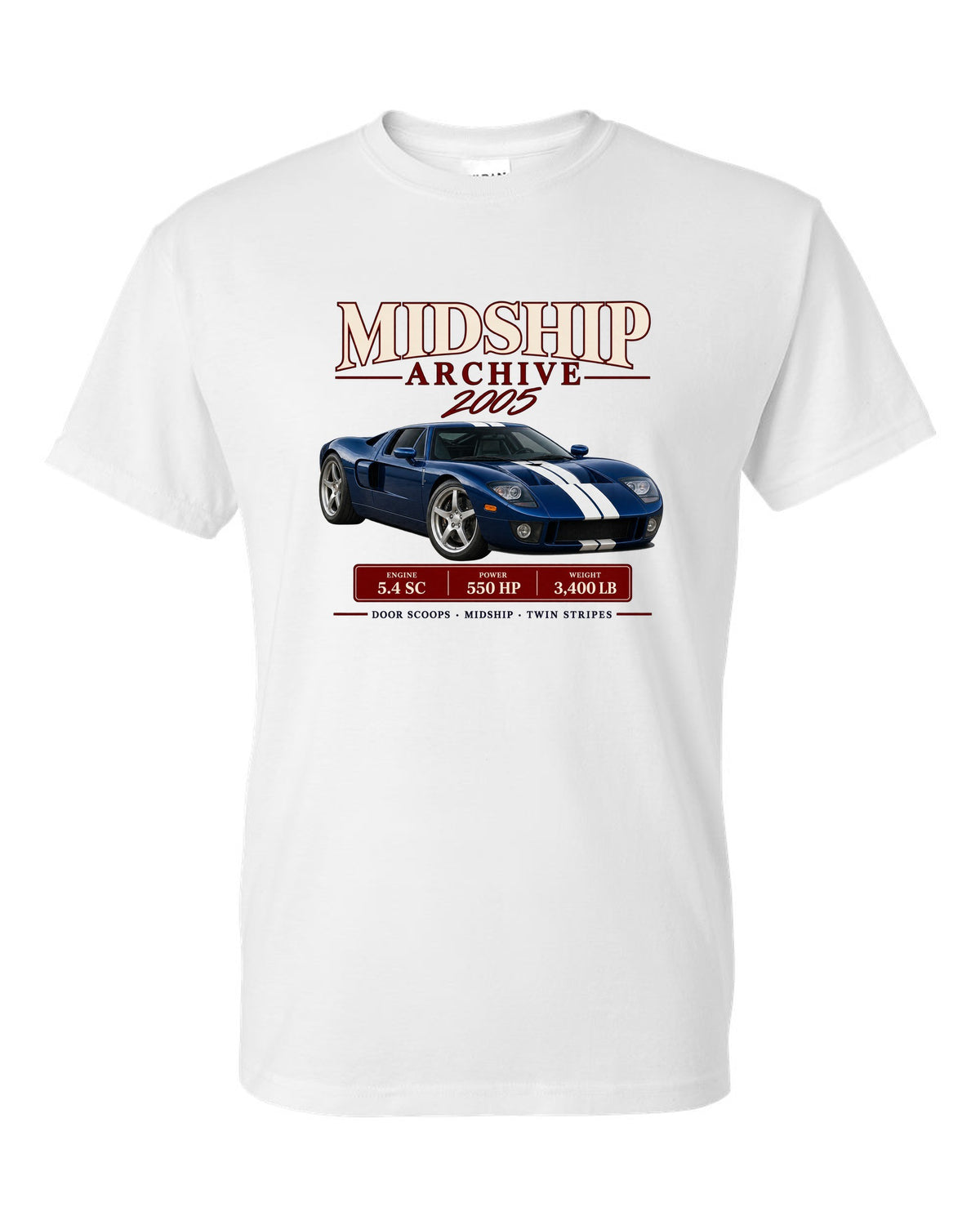 Ford GT 2005-06 midship archive panel print with door scoops, 5.4 SC and 550 HP white t-shirt front view with the design