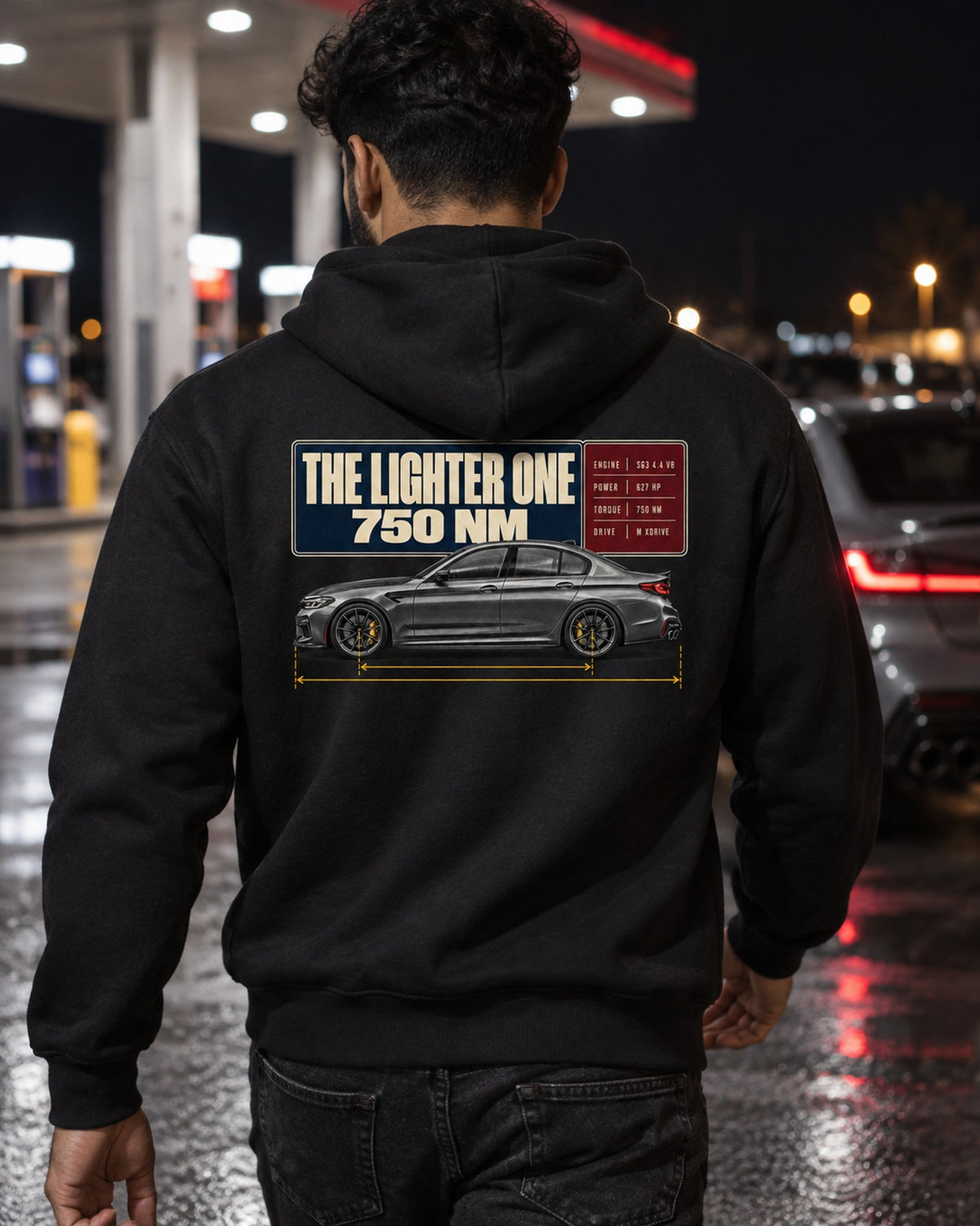 BMW M5 F90 CS Spec Poster Tee, The Lighter One Zip Hoodie Black worn hero