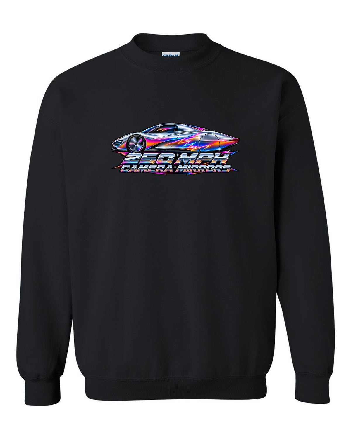 McLaren Speedtail in 80s airbrush chrome style with 250 MPH and camera mirrors lettering black crewneck front view with the design