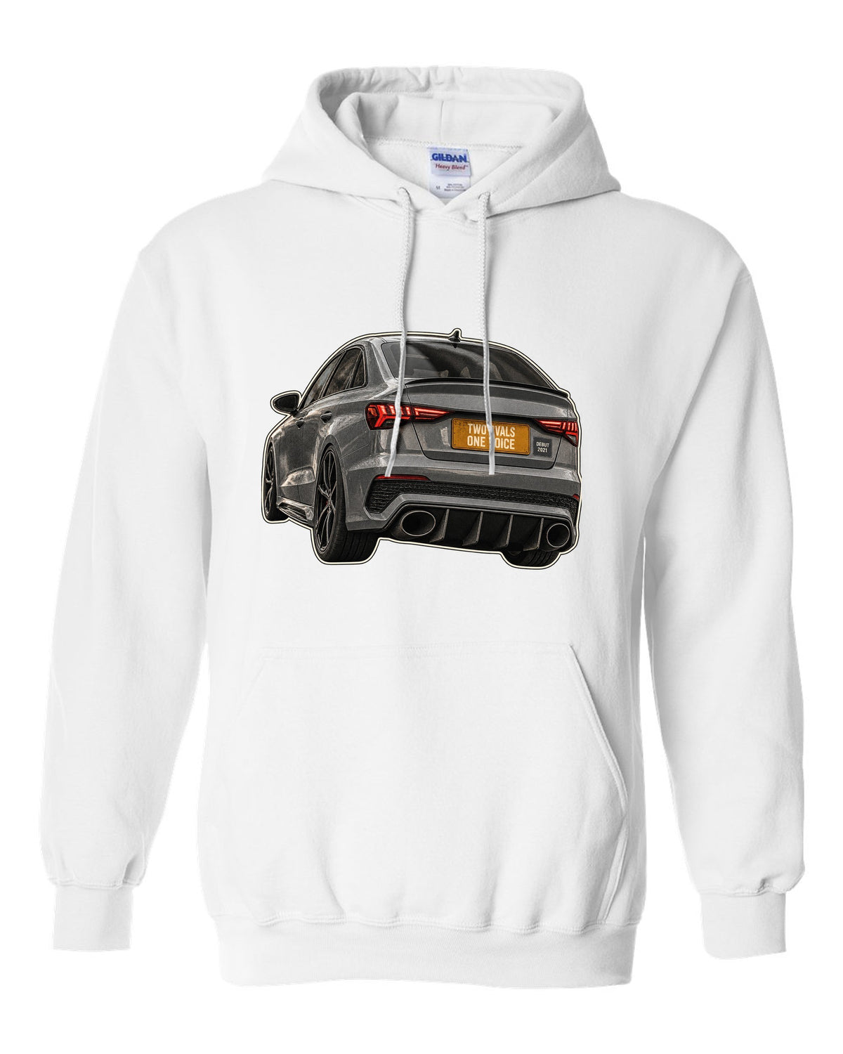 Taillight and exhaust macro of an Audi RS3 8Y sedan white pull over hoodie front view with the design