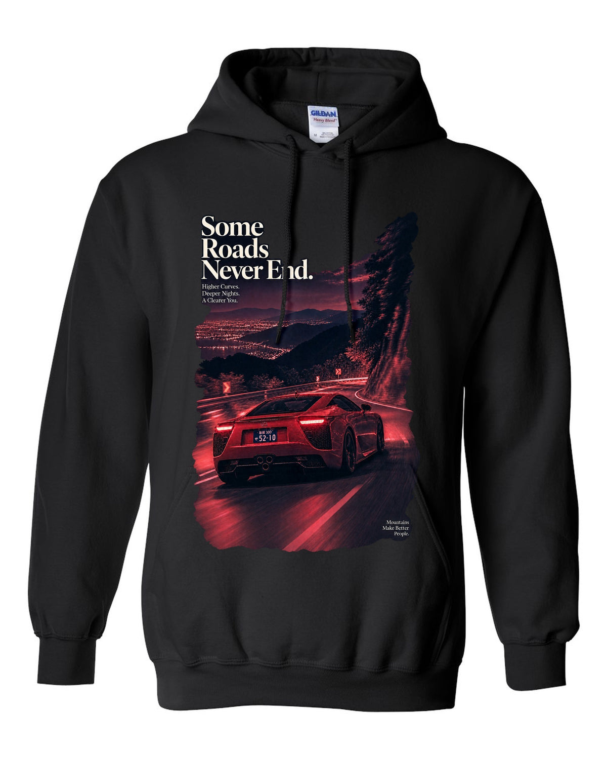 Night touge scene with the Lexus LFA in magenta-red monochrome black pull over hoodie front view with the design