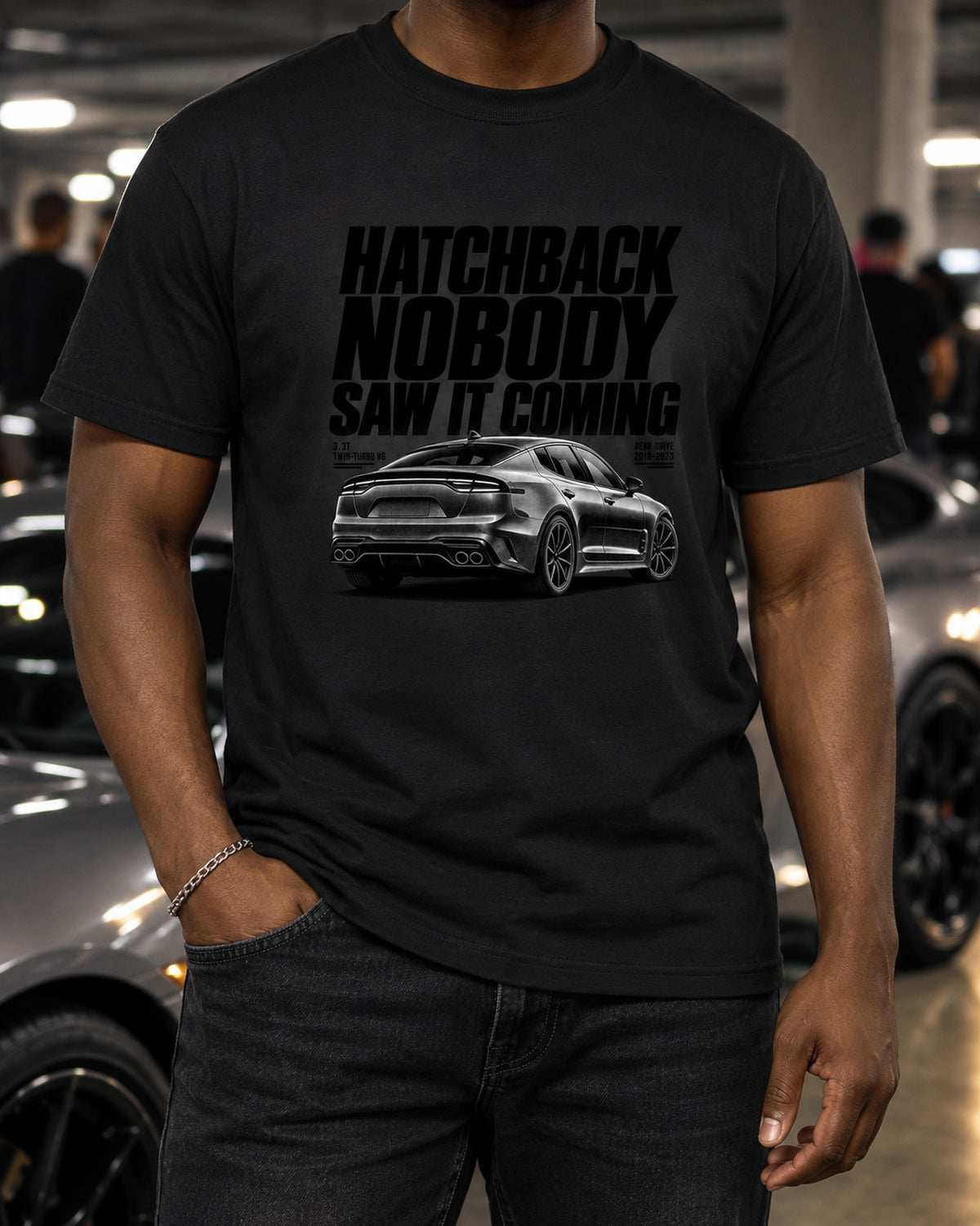 Kia Stinger GT CK Hatchback Halftone Tee, Nobody Saw It Coming T-Shirt Black worn hero