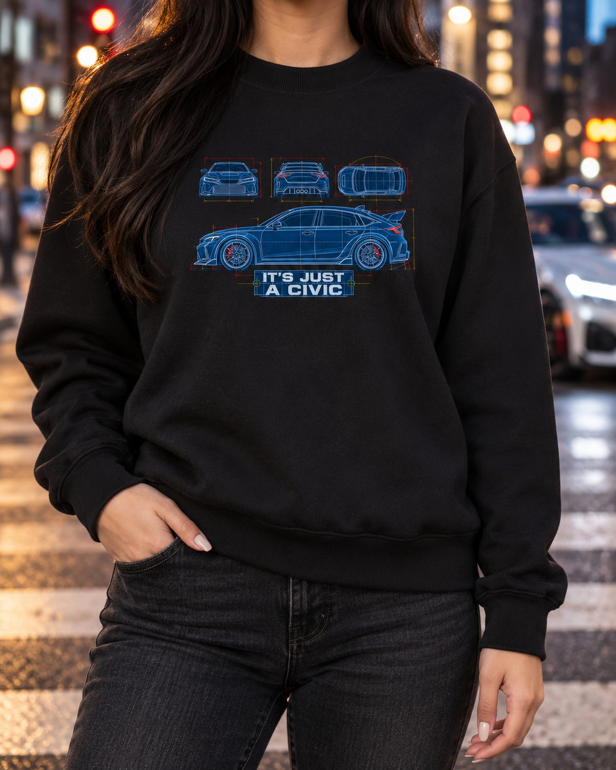 Honda Civic FL5 Cyanotype Blueprint Shirt, It's Just a Civic Crewneck Black worn hero