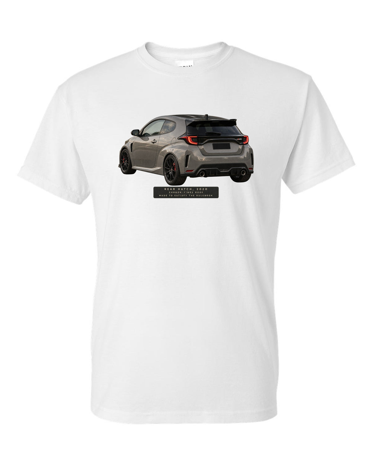 Close-up of a Toyota GR Yaris 2020 rear tailgate and taillight white t-shirt front view with the design