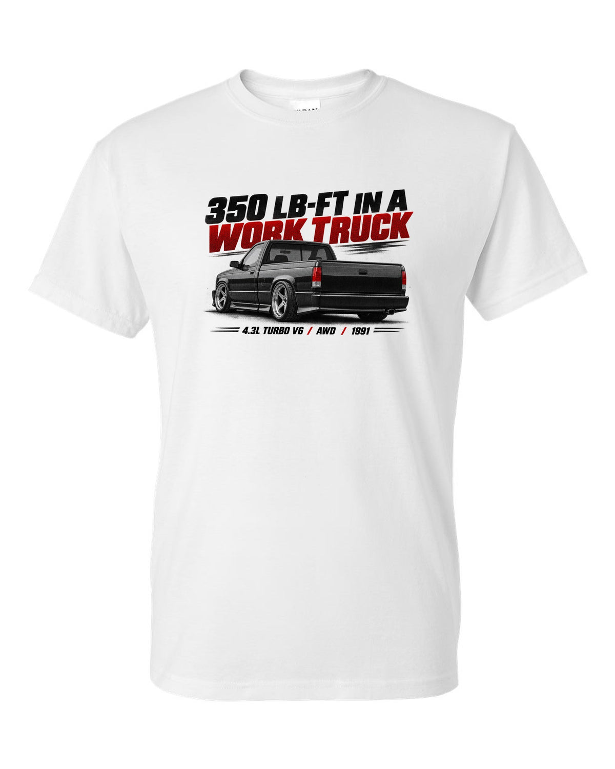 Halftone print of a 1991 GMC Syclone in a low rear three-quarter view white t-shirt front view with the design