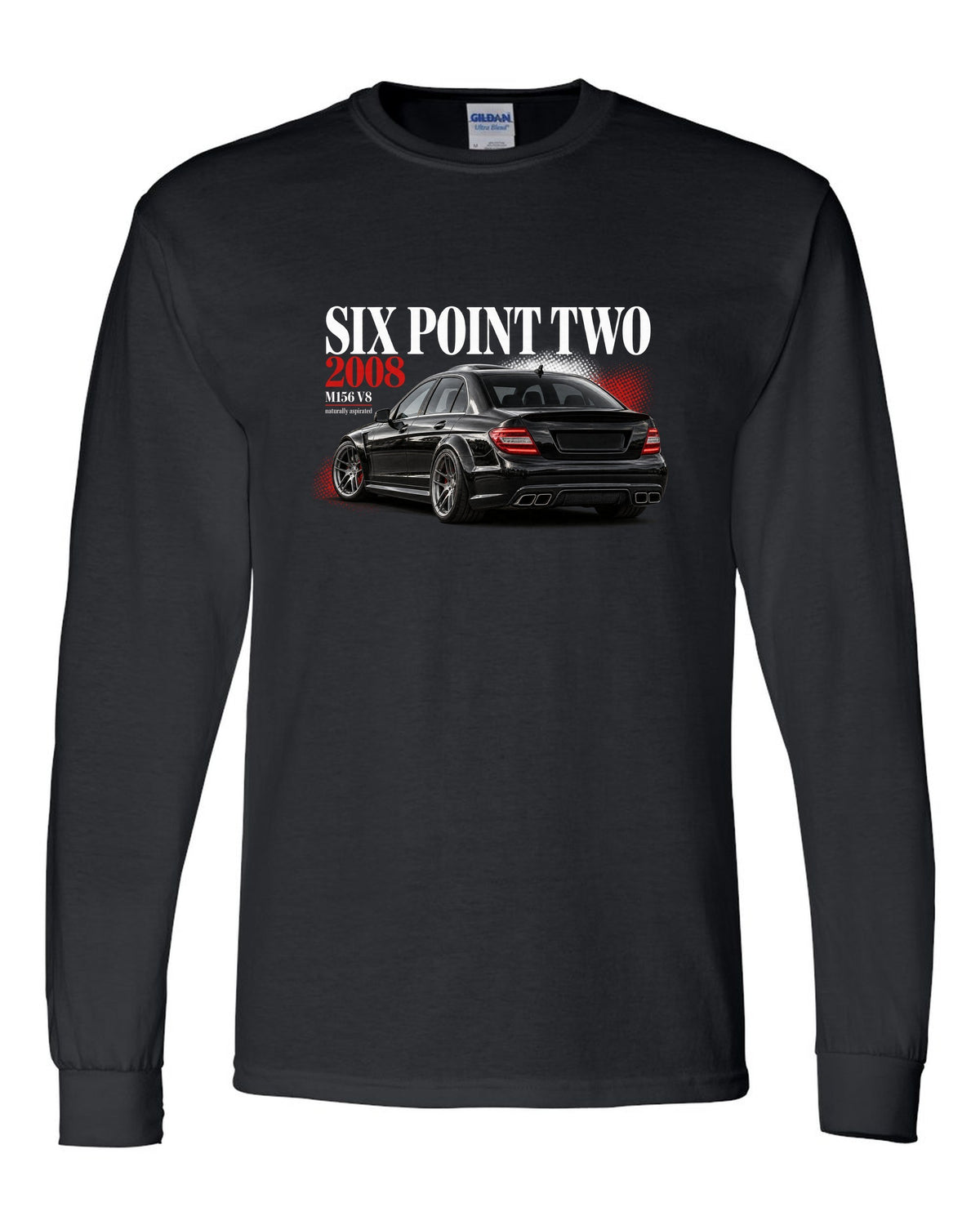 print editorial headline of a 2008 Mercedes C63 AMG W204 sedan with text Six Point Two 2008 black long sleeve front view with the design