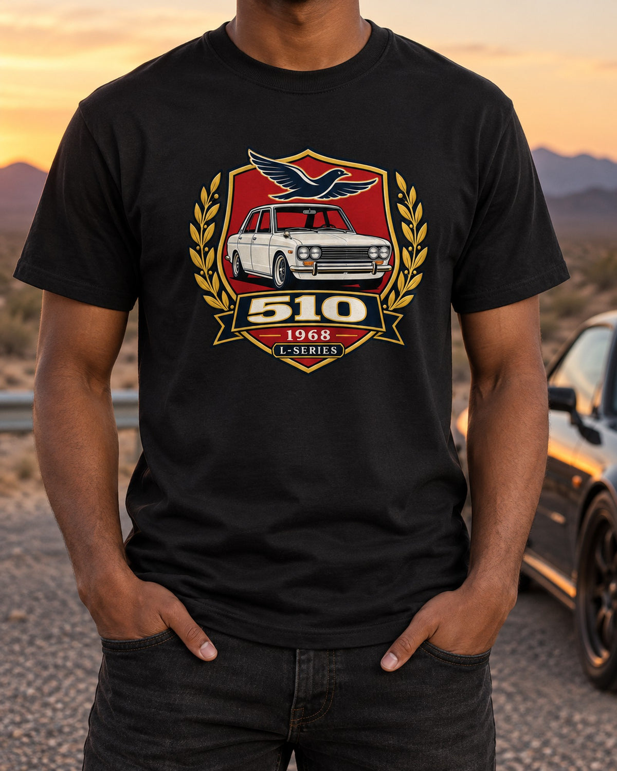 Datsun 510 Shield Crest print Tee, 1968 L-Series T-Shirt Black worn hero