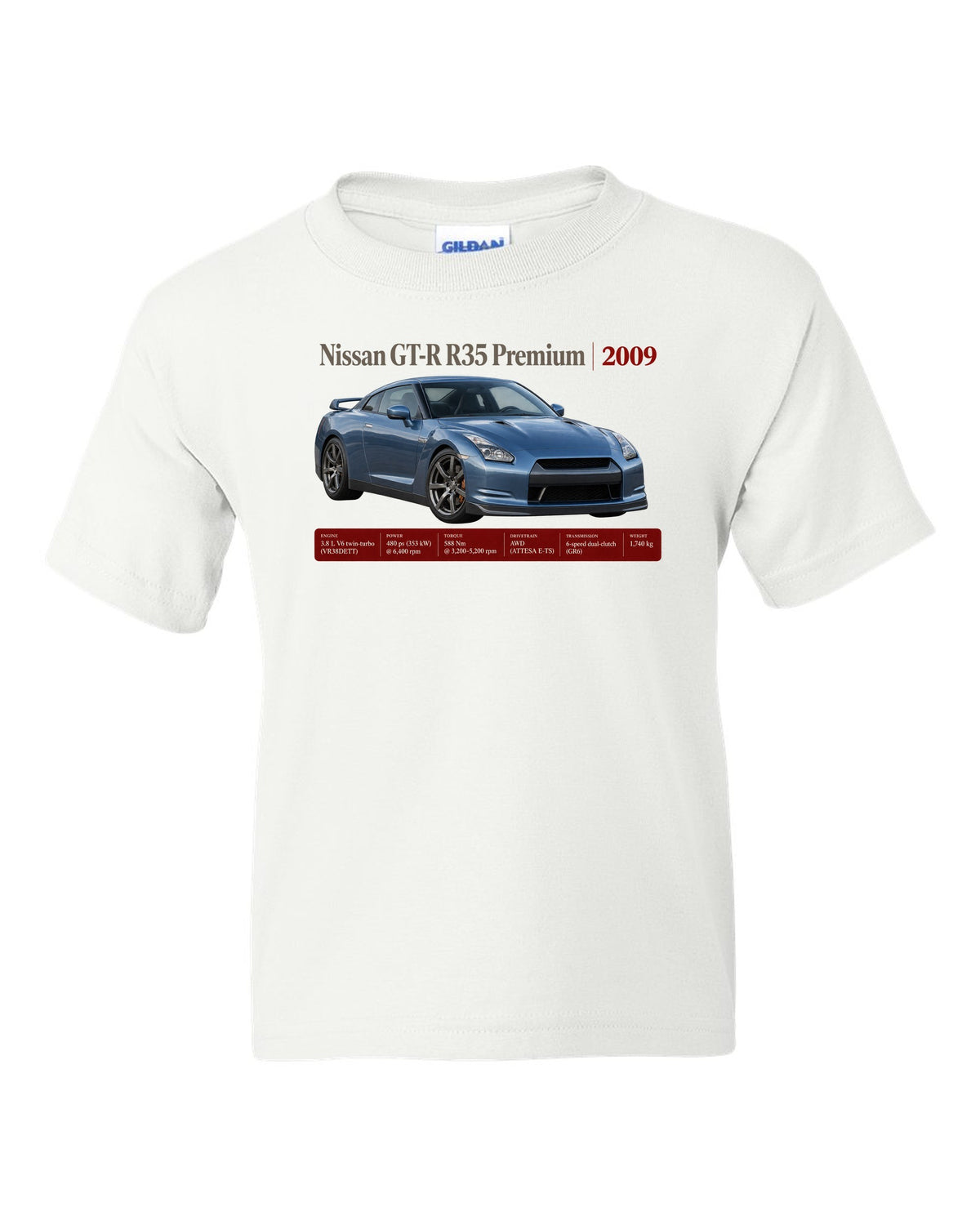 Nissan GT-R R35 2009 Premium archive panel poster white kids tee front view with the design
