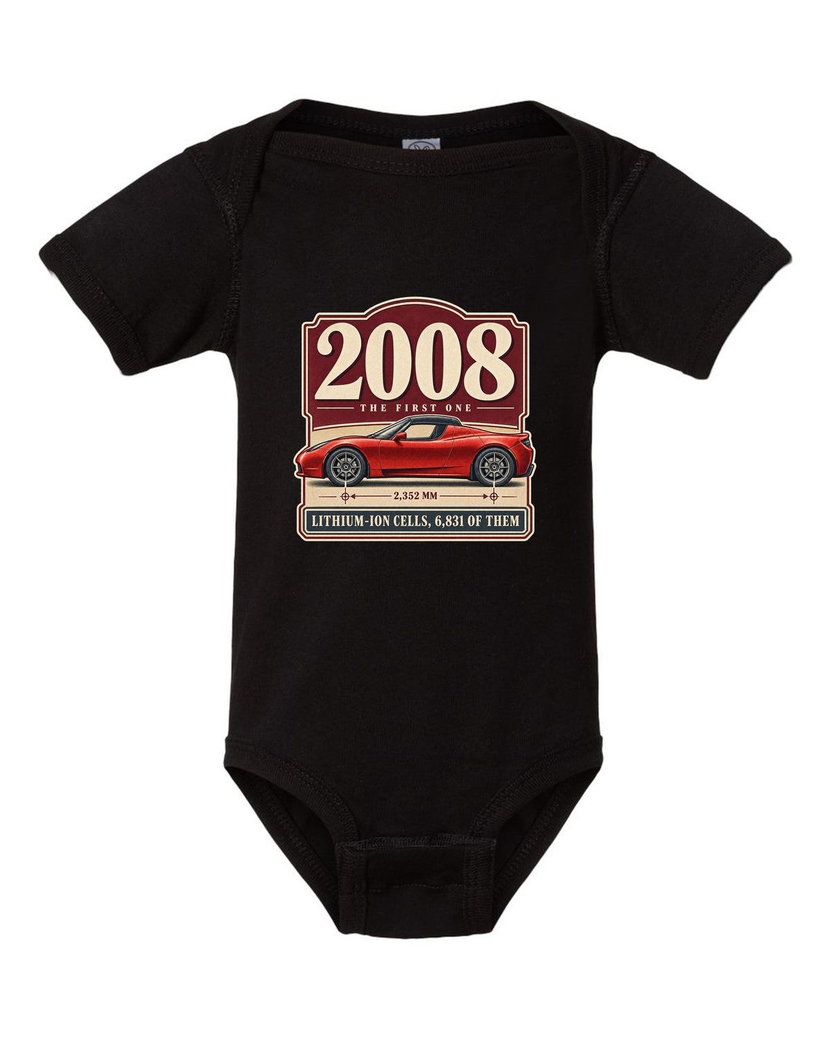 Tesla Roadster 2008 Archive Panel black baby onesie front view with the design