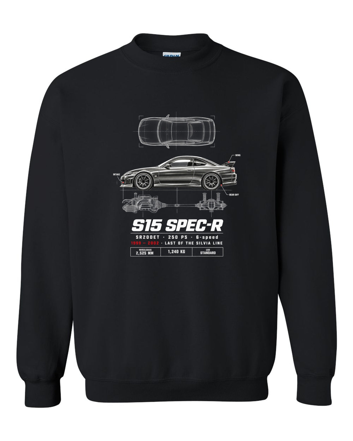 Spec poster print of a Nissan Silvia S15 Spec-R top-down profile with SR20DET data black crewneck front view with the design