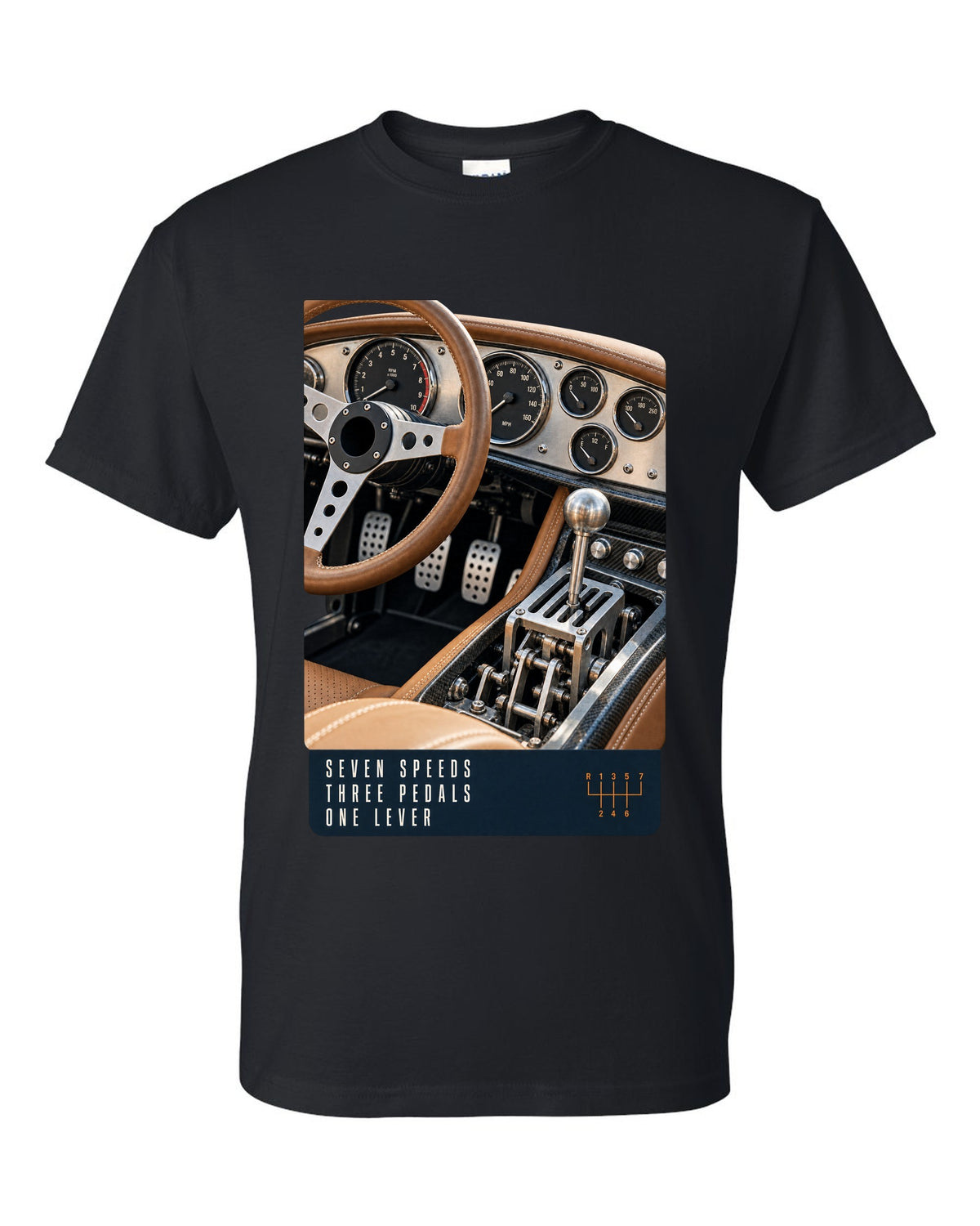print of the Pagani Utopia manual cockpit and gated shifter black t-shirt front view with the design