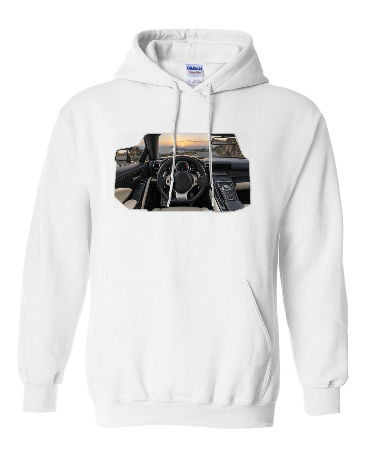 Three-view drawing and spec table of the Lexus LFA Nurburgring Package white pull over hoodie front view with the design