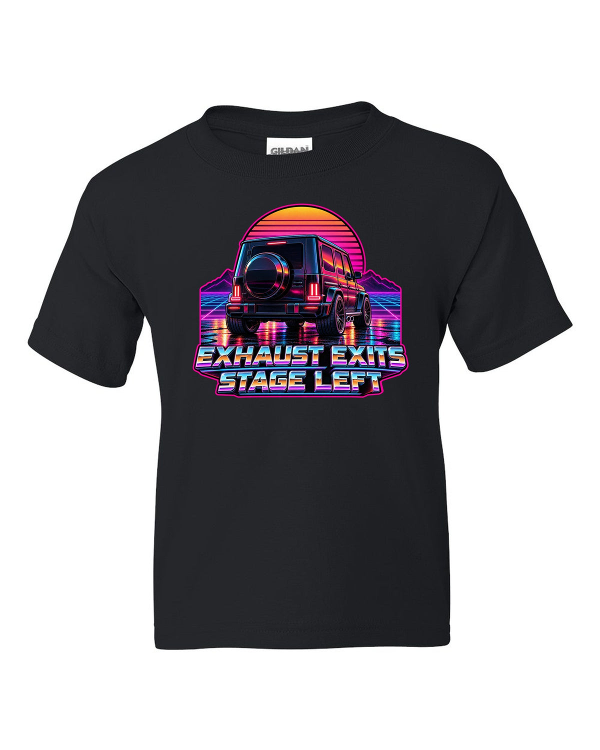 Cyanotype blueprint top view of a Mercedes G-Class W460 reading No ABS No Airbag 1979, print black kids tee front view with the design