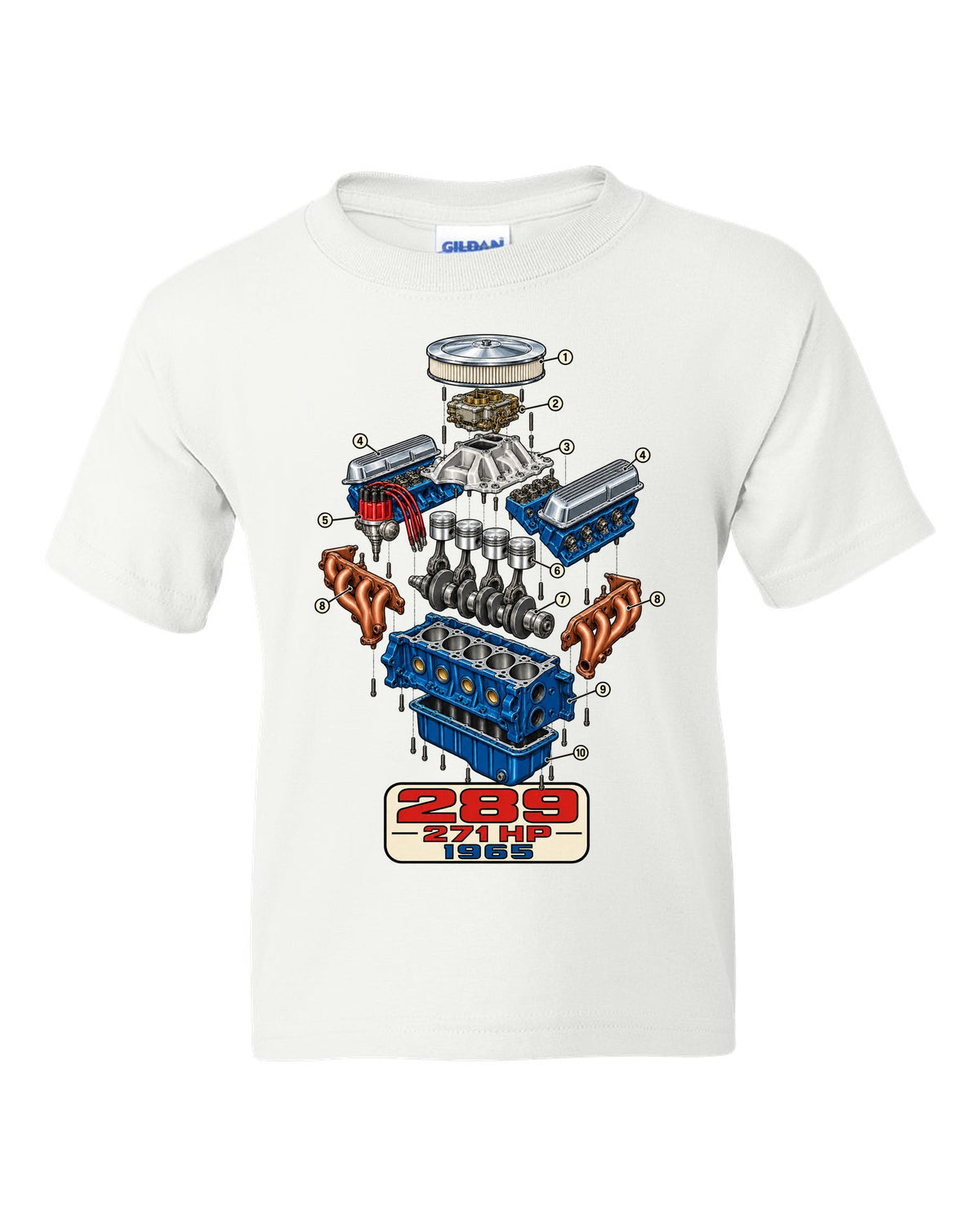 Cutaway exploded engine view print of a 1965 Ford Mustang 289 V8 white kids tee front view with the design