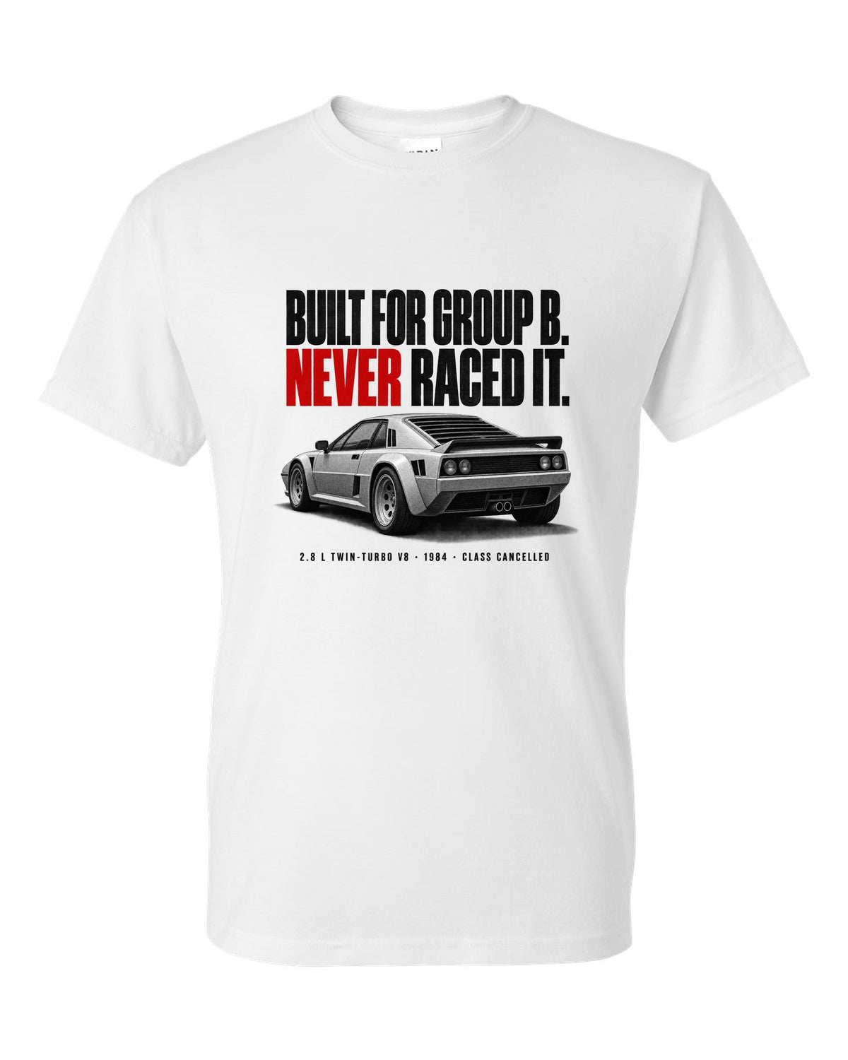 Ferrari 288 GTO 1984 rear three-quarter halftone print, built for Group B, never raced it white t-shirt front view with the design