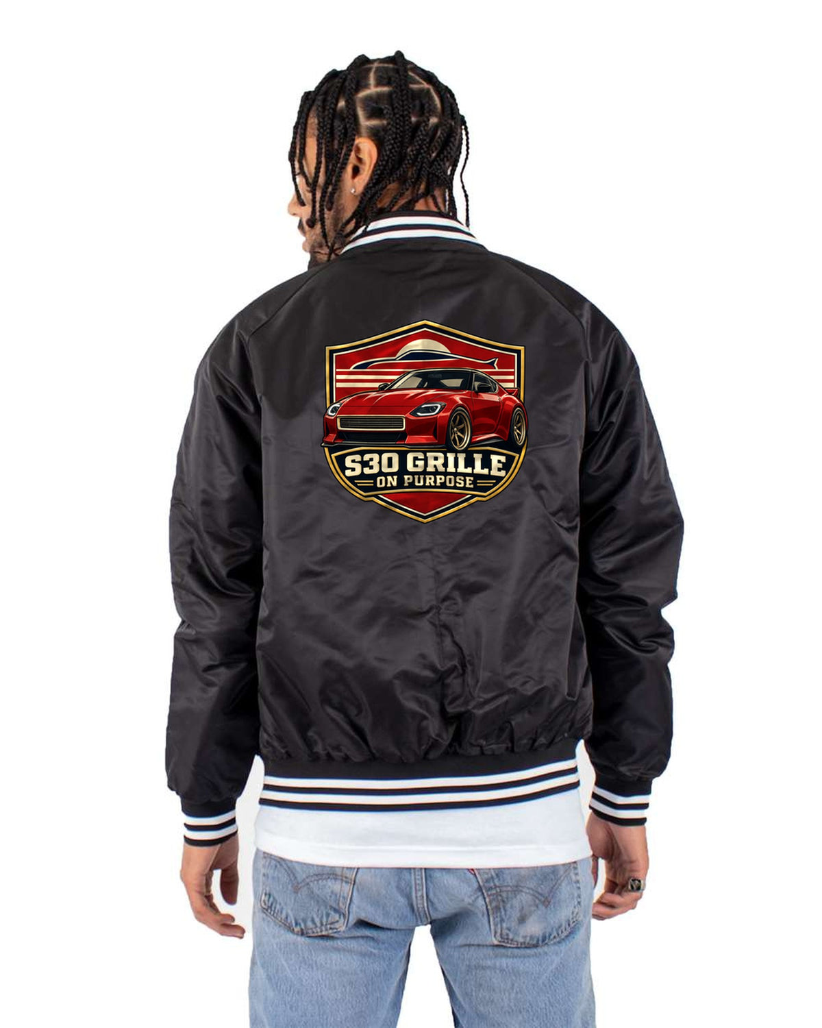 Nissan Z RZ34 Shield Crest Tee with S30 Grille Nod Bomber Jacket Black back