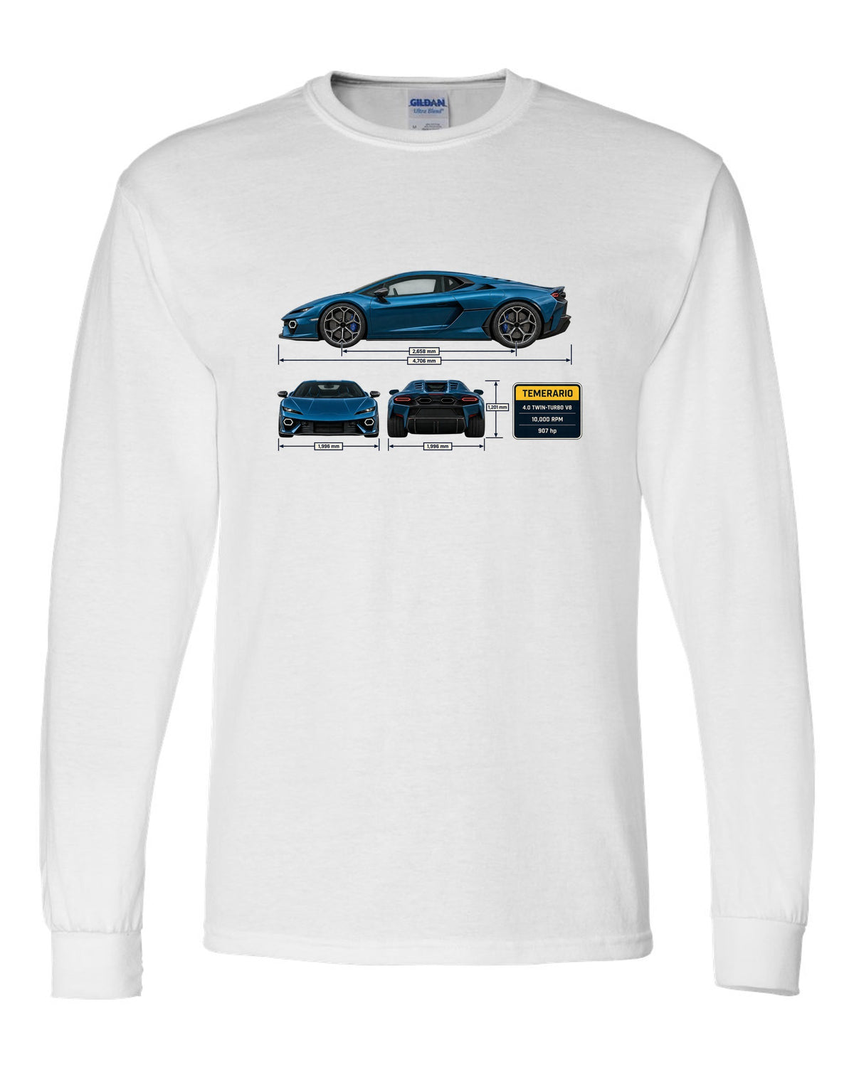 Three-view spec print of the Lamborghini Temerario white long sleeve front view with the design