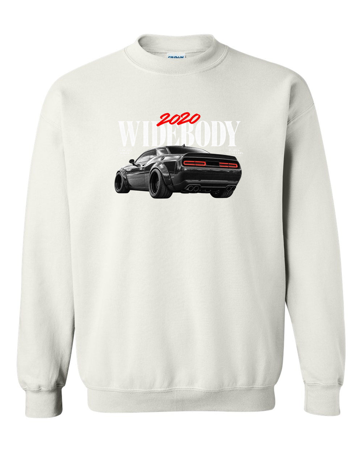 Editorial headline print of a 2020 Dodge Challenger Scat Pack Widebody with 3.5 inches wider text white crewneck front view with the design