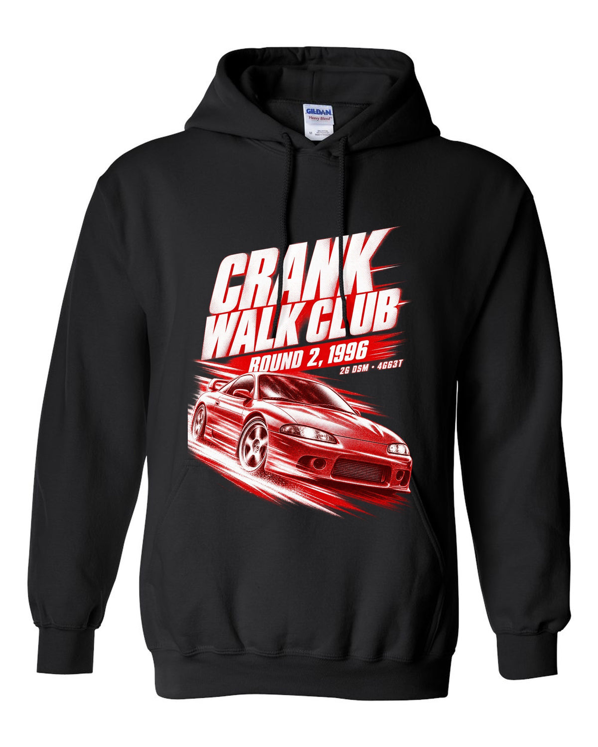Mitsubishi Eclipse GSX 2G DSM race poster print with 4G63T and Crank Walk Club text black pull over hoodie front view with the design