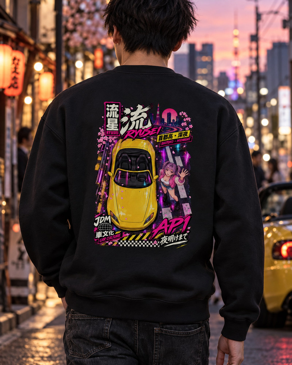 RYUSEI AP1 Anime Girl Full-Back Graphic Tee Crewneck Black worn hero