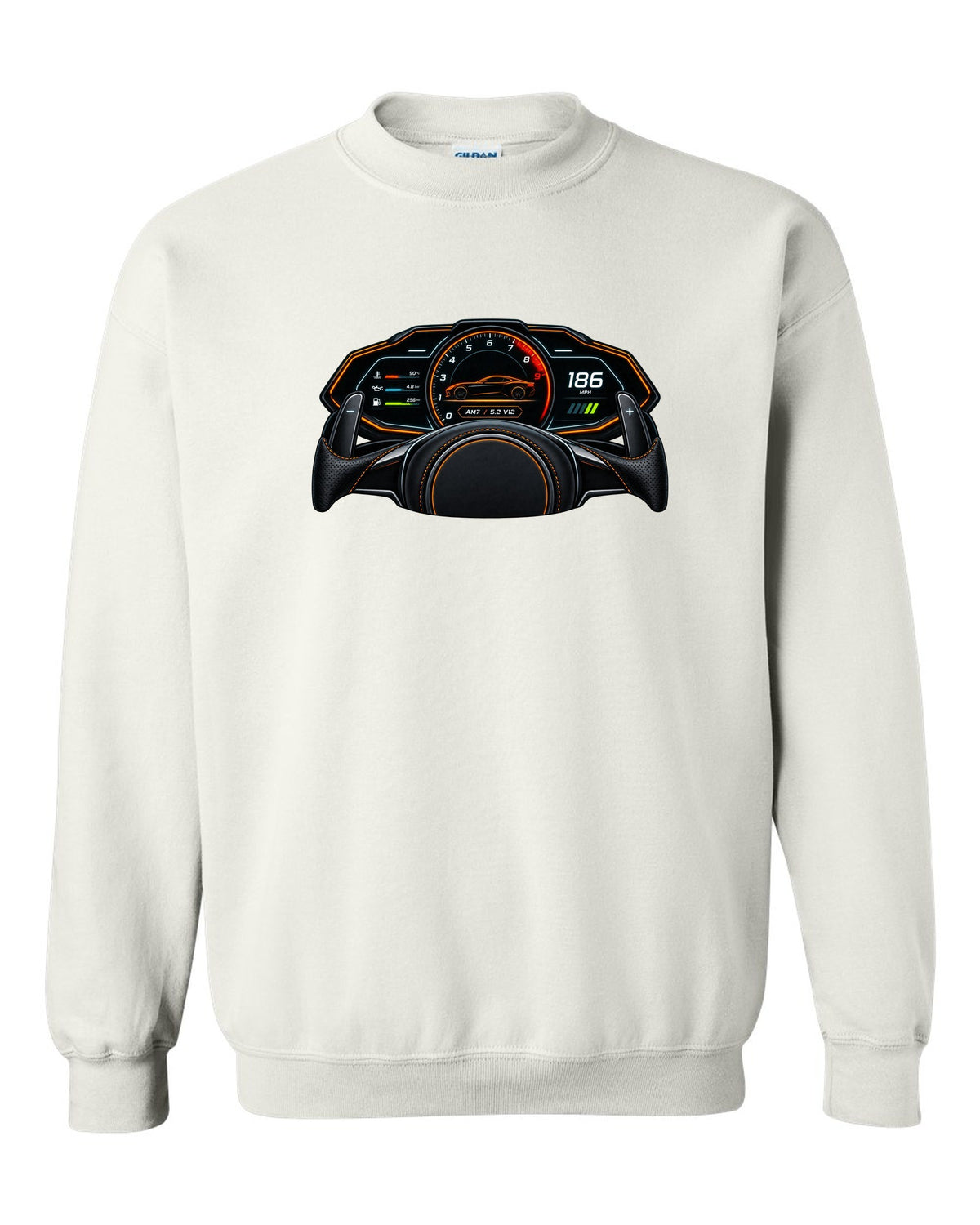 Gauge cluster and HUD style print for the 2018 Aston Martin DBS Superleggera with AM7 and 5.2 V12 readout white crewneck front view with the design