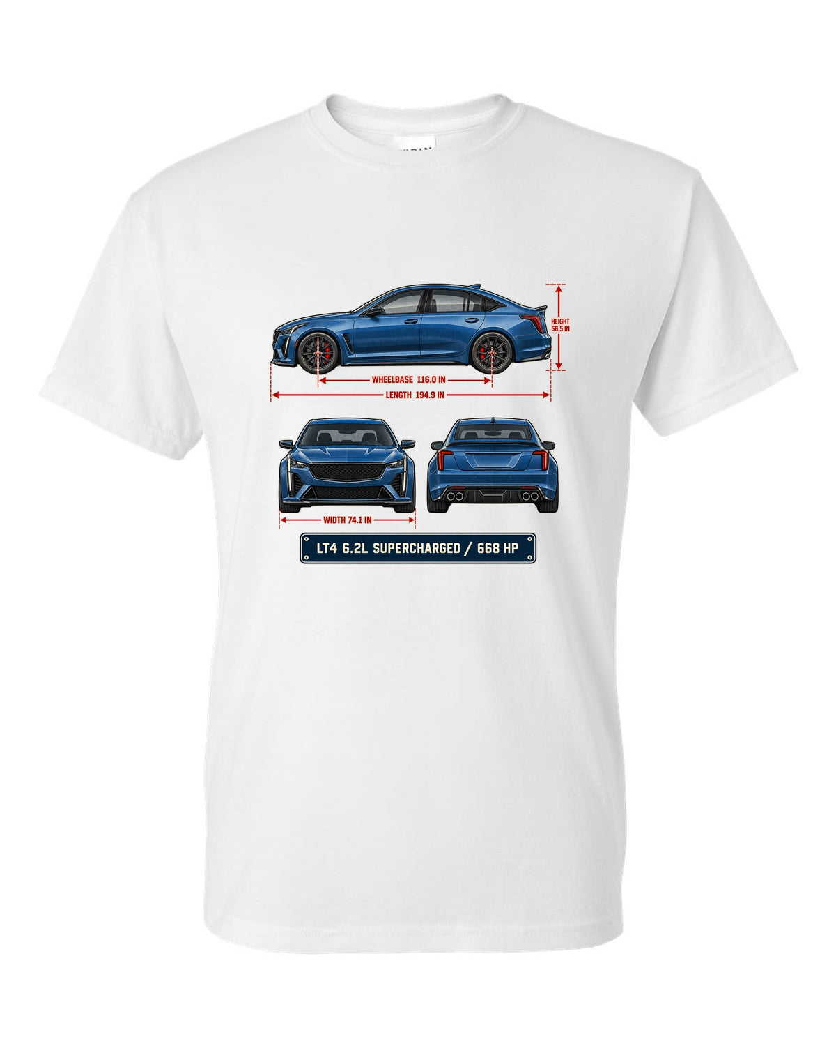 Dimension blueprint print of a Cadillac CT5-V Blackwing sedan white t-shirt front view with the design