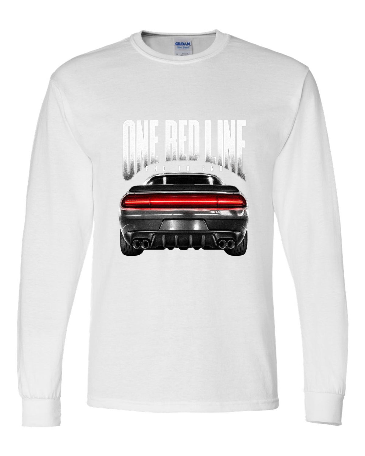 Taillight macro print of a 2015 Dodge Challenger Scat Pack with a single red line white long sleeve front view with the design