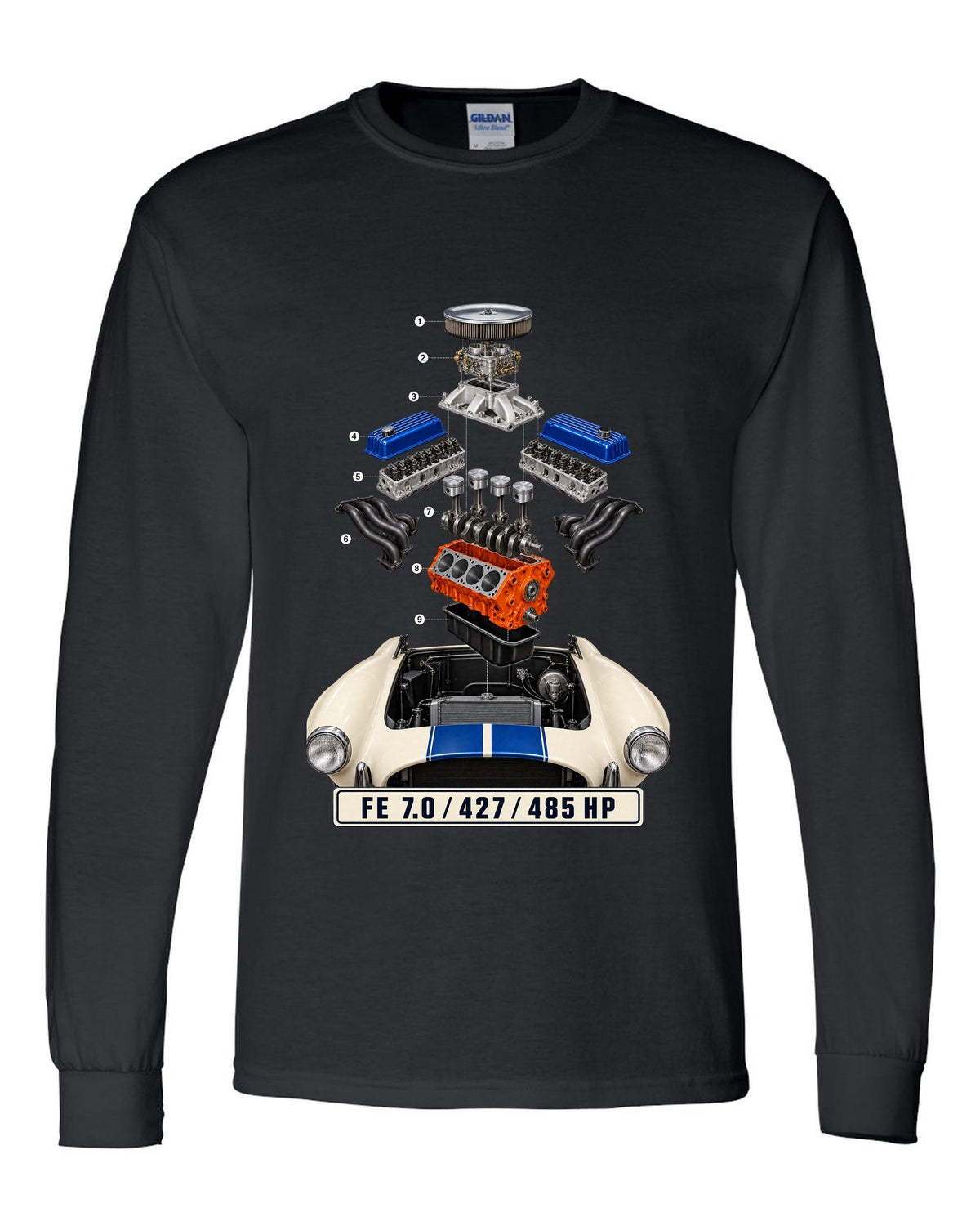 Isometric exploded view print of a Shelby Cobra 427 engine bay with FE 7.0 lettering black long sleeve front view with the design